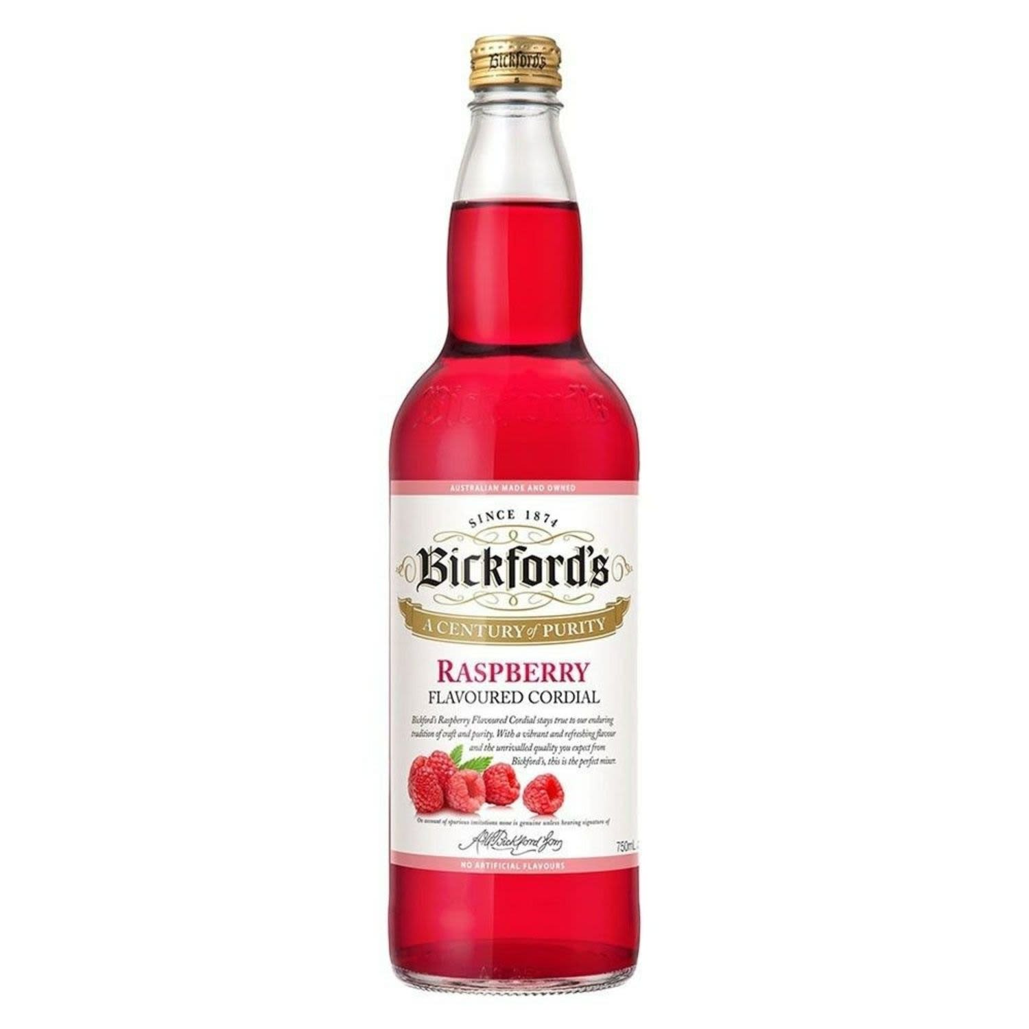Bickford’s Raspberry Flavoured Cordial stays true to Bickford’s enduring tradition of craft and purity. With a vibrant and refreshing flavour and the unrivalled quality you expect from Bickfords, this is the perfect mixer.<br /> <br />Alcohol Volume: 0.0%<br /><br />Pack Format: Bottle<br /><br />Standard Drinks: 0.0<br /><br />Pack Type: Bottle<br />