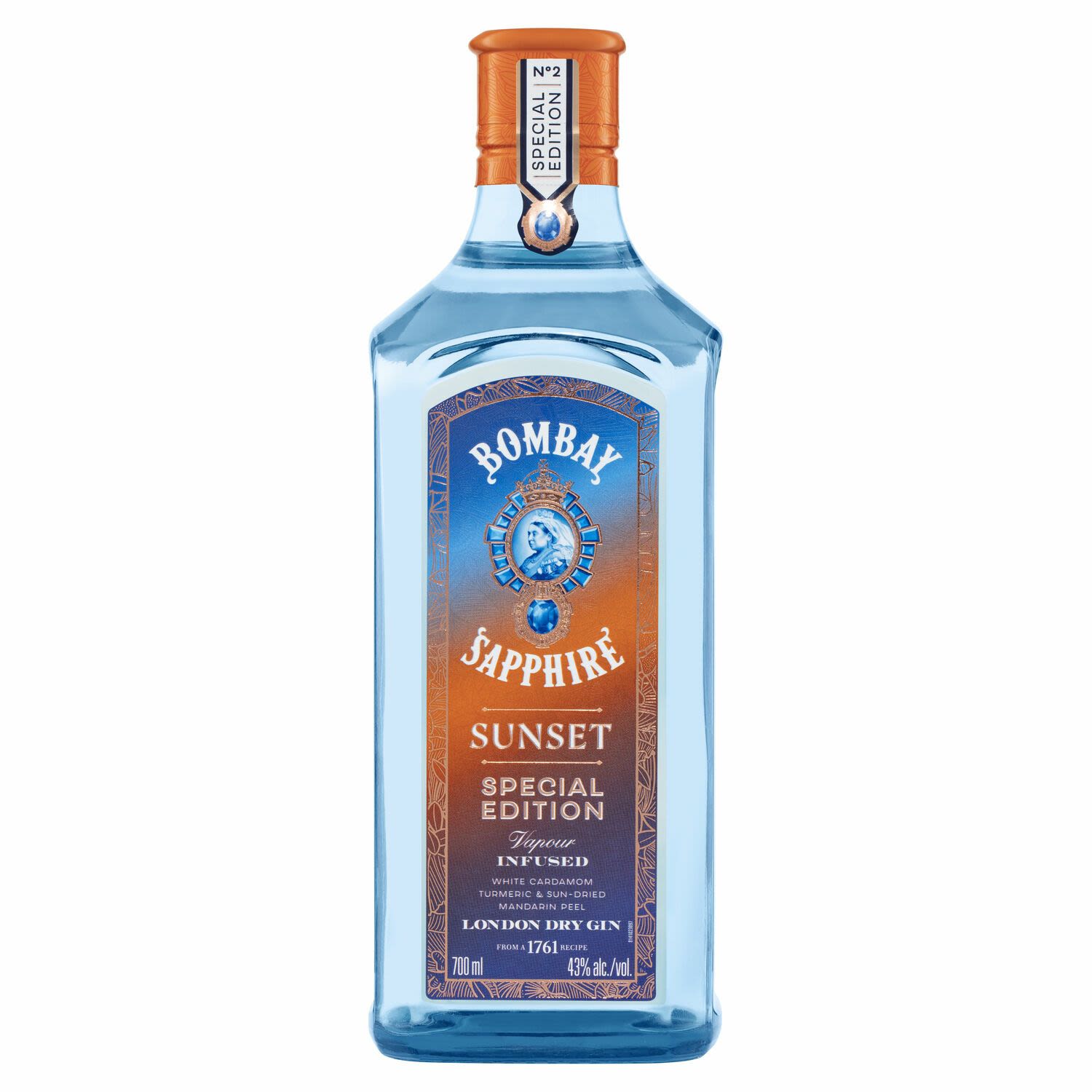 BOMBAY SAPPHIRE Sunset aromatic gin, beautifully balances the warming spices of Indian white cardamom and turmeric, together with bittersweet spanish sun-dried mandarin peel, to deliver sweet warming spice and fragrant citrus freshness.​ Perfect to serve in a 'Sunset and Tonic' or a 'Sunset Negroni'.<br /> <br />Alcohol Volume: 43.0%<br /><br />Pack Format: Bottle<br /><br />Standard Drinks: 24.0<br /><br />Pack Type: Bottle<br /><br />Country of Origin: England<br />