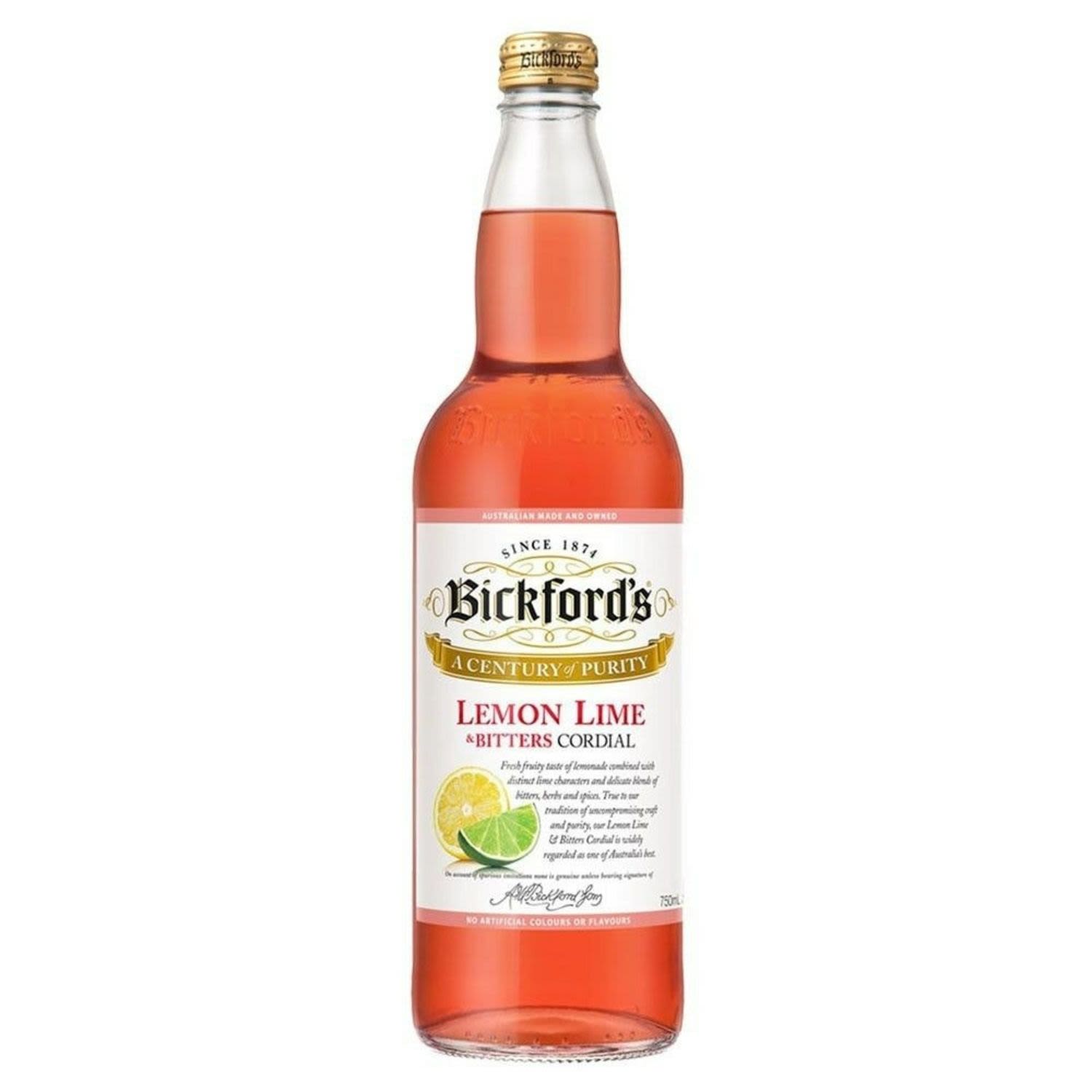 The fresh fruity taste of lemonade combined with distinct lime characters and delicate blends of bitters, herbs and spices. True to Bickford’s tradition of uncompromising craft and purity, Bickford’s Lemon Lime & Bitters Cordial is widely regarded as one of Australia’s best.<br /> <br />Alcohol Volume: 0.0%<br /><br />Pack Format: Bottle<br /><br />Standard Drinks: 0.0<br /><br />Pack Type: Bottle<br />