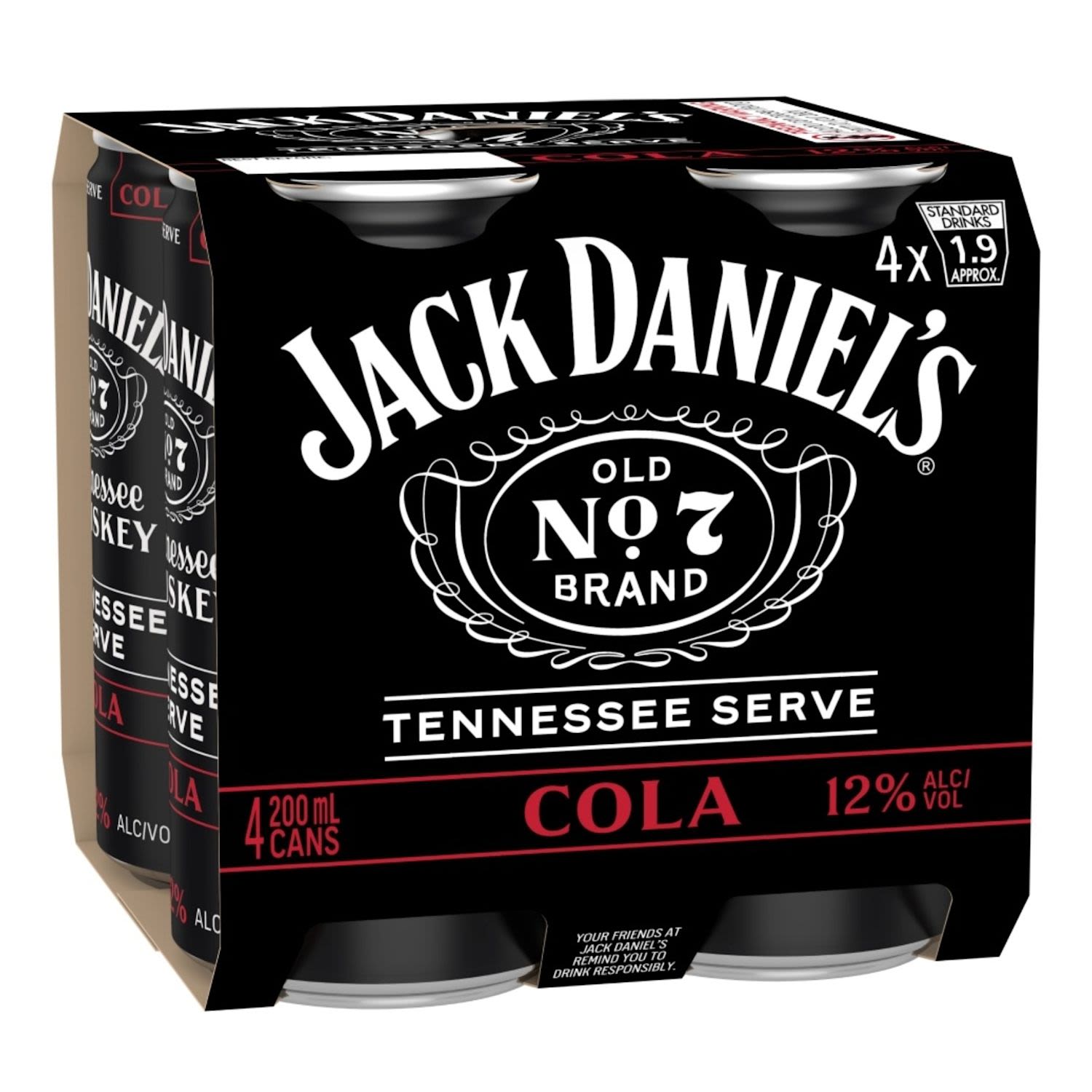 Jack Daniels & Cola Tennessee Serve 12% Can 200mL 4 Pack