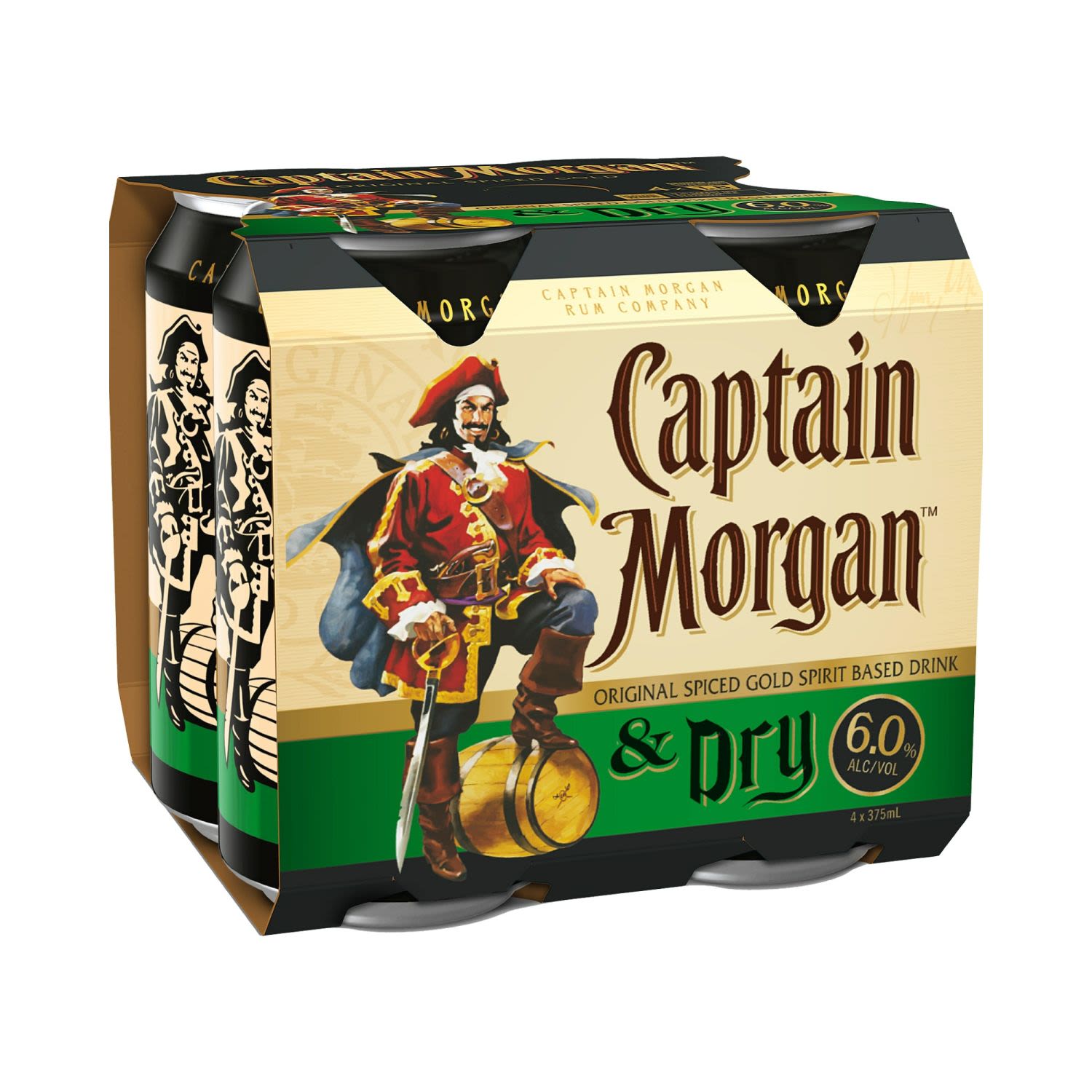 Captain Morgan Original Spiced Gold and Dry Can 375mL 4 Pack