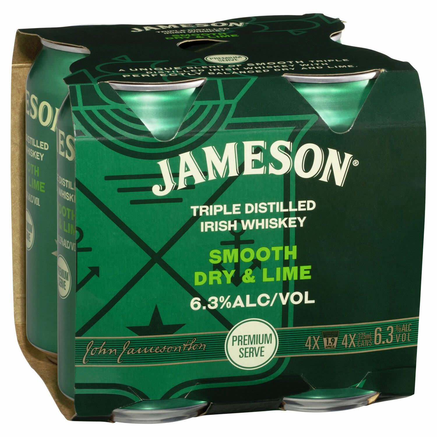 Jameson Irish Whiskey Dry & Lime 6.3% Can 375mL 4 Pack