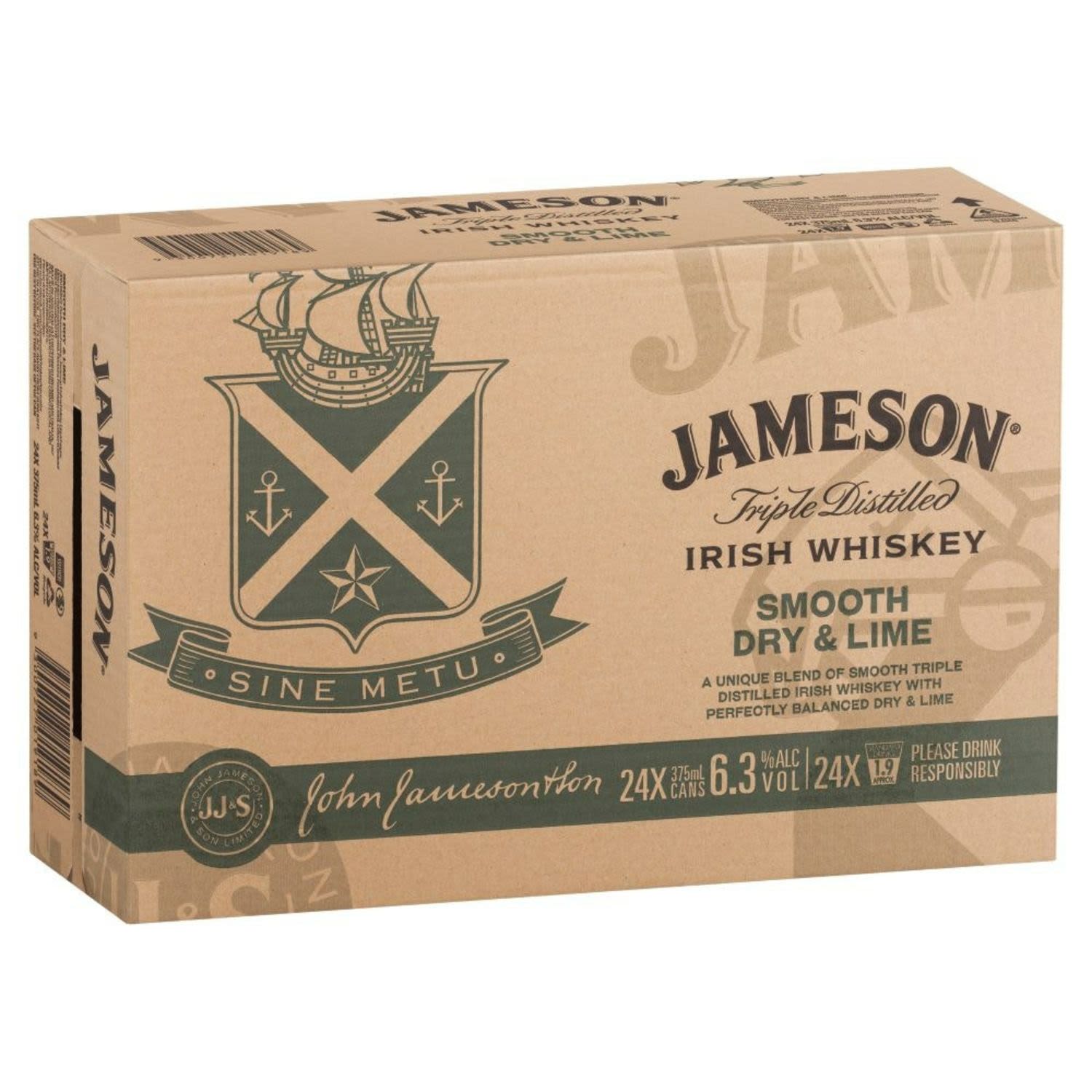 Jameson Irish Whiskey Dry & Lime 6.3% Can 375mL 24 Pack