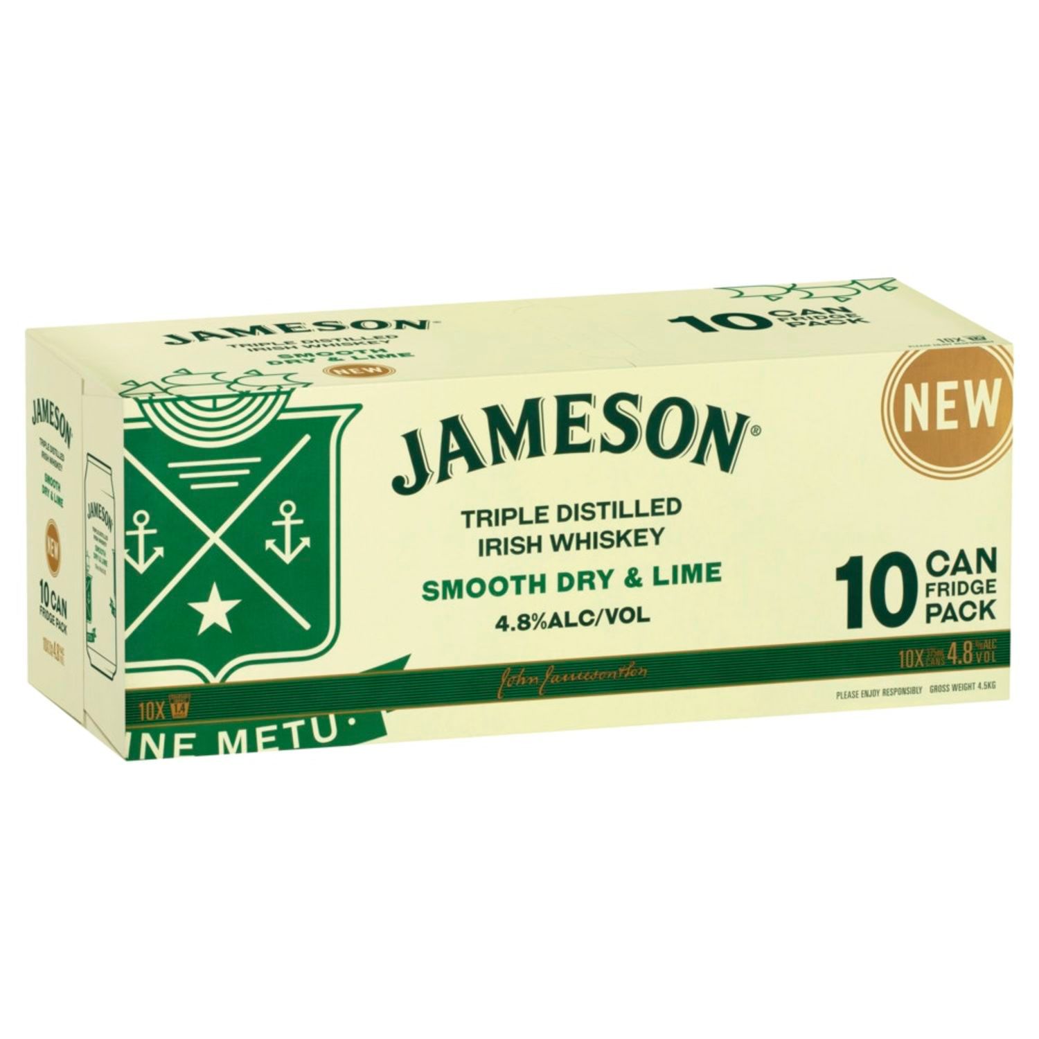 Jameson Smooth Dry & Lime 4.8% ABV is a unique blend of smooth triple distilled Irish whiskey with perfectly balanced dry and lime.<br /> <br />Alcohol Volume: 4.80%<br /><br />Pack Format: 10 Pack<br /><br />Standard Drinks: 1.4</br /><br />Pack Type: Can<br />