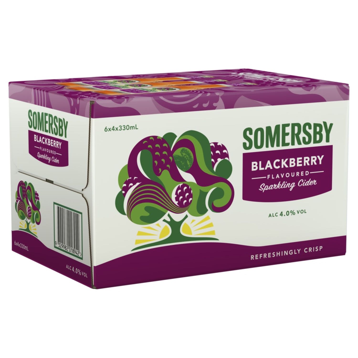 Somersby Blackberry Cider is a fruity flavoured cider with a breath of crisp, sweetness and natural taste of blackberry. With its fruity refreshment, Somersby Blackberry is a perfect addition to summer.<br /> <br />Alcohol Volume: 4.00%<br /><br />Pack Format: 24 Pack<br /><br />Standard Drinks: 1</br /><br />Pack Type: Bottle<br /><br />Country of Origin: Australia<br />