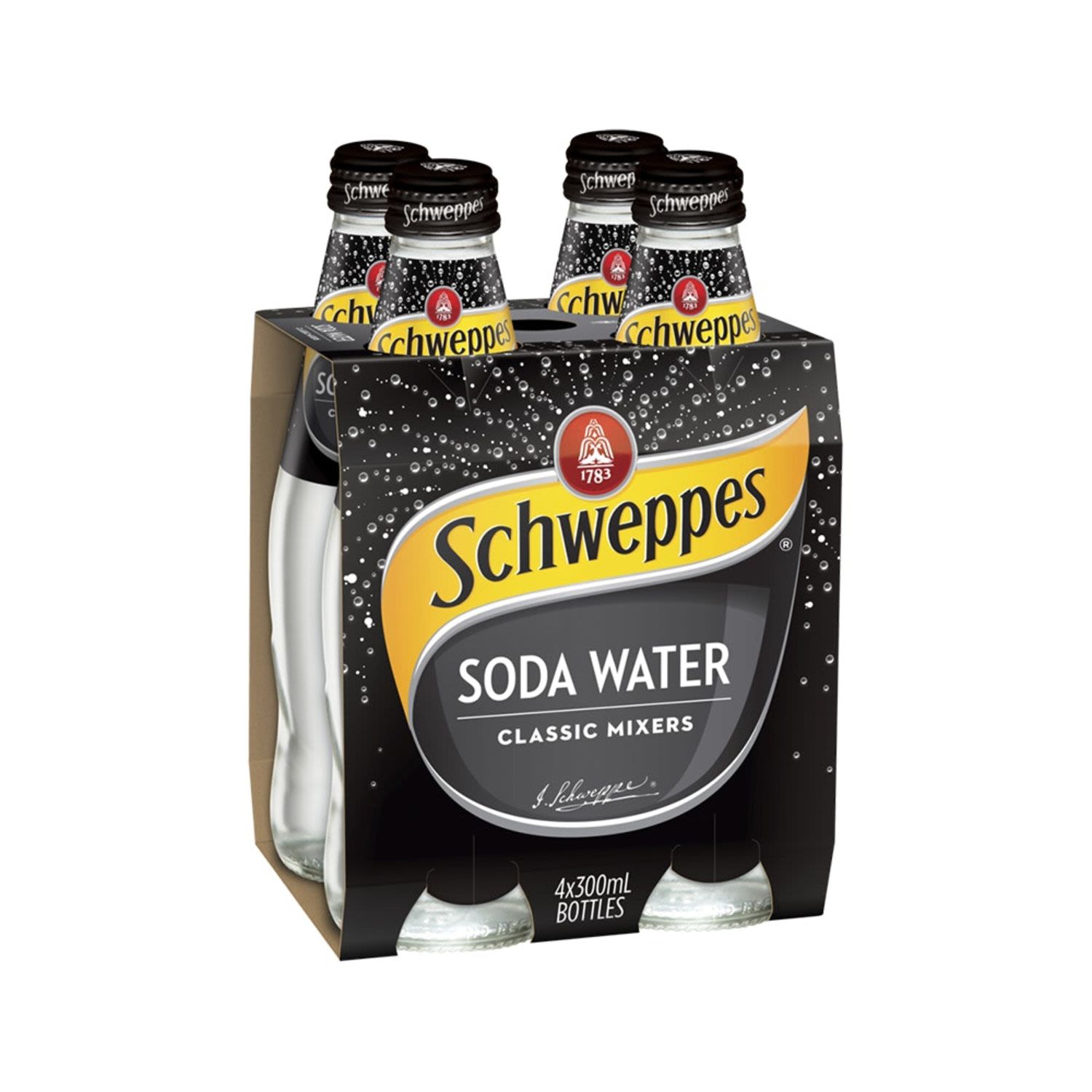 In 1783, Jacob Schweppe perfected the process of aerating water, bringing to life sparkling beverages as we know them today. 235 years on, Schweppes Soda Water is forged through the blending of mineral salts with pristine triple filtered water, before being infused with thousands of delicate bubbles known as “Schweppervescence”.<br /> <br />Pack Format: 4 Pack<br /><br />Pack Type: Bottle<br />