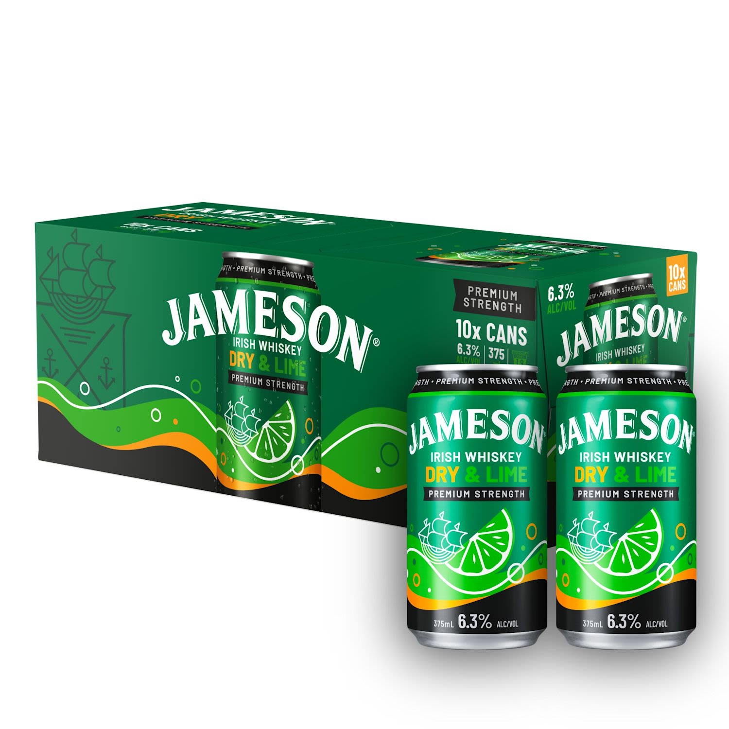 Jamesons Dry & Lime 6.3% Can 375mL 10 Pack + Bonus 2 Cans