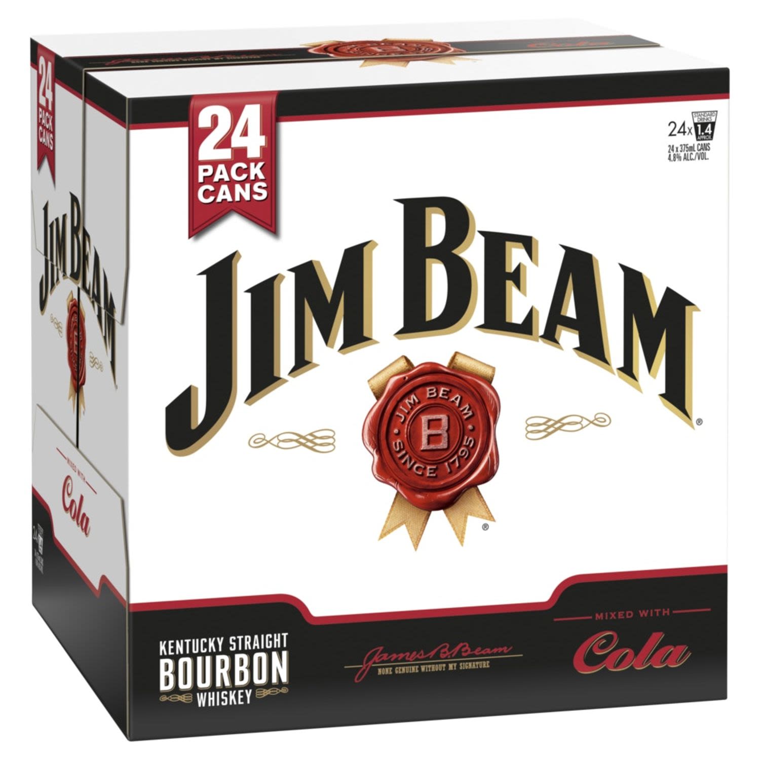 The pairing of quality Kentucky straight bourbon and <b>cola</b> provides the sweet and luscious flavourings from <b>Jim Beam</b>® Original in the convenience in a pre-mixed can. Best served chilled or poured over ice<br /> <br />Alcohol Volume: 4.80%<br /><br />Pack Format: 24 Pack Cube<br /><br />Standard Drinks: 1.5</br /><br />Pack Type: Can<br />