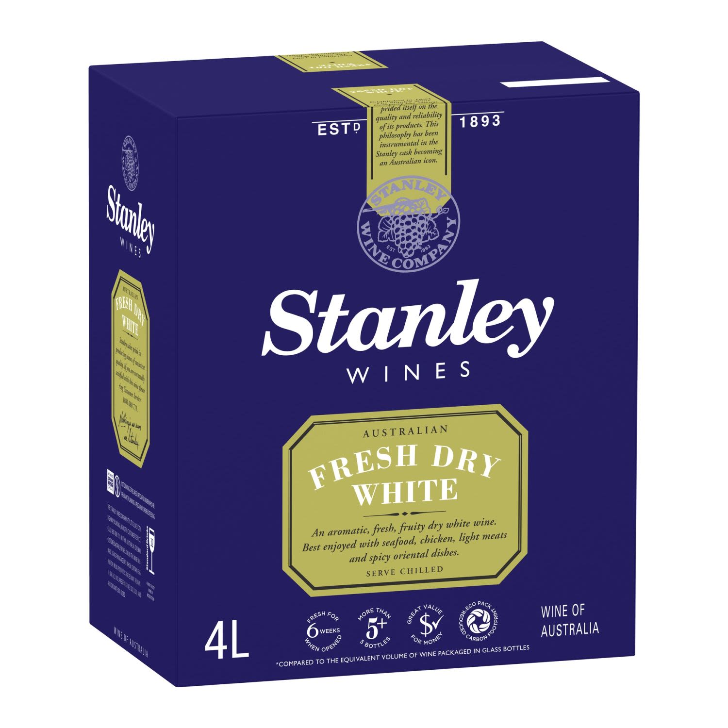 Stanley Fresh Dry White Cask 4L<br /> <br />Alcohol Volume: 10.50%<br /><br />Pack Format: Cask<br /><br />Standard Drinks: 33</br /><br />Pack Type: Cask<br /><br />Country of Origin: Australia<br /><br />Region: n/a<br /><br />Vintage: Non Vintage<br />