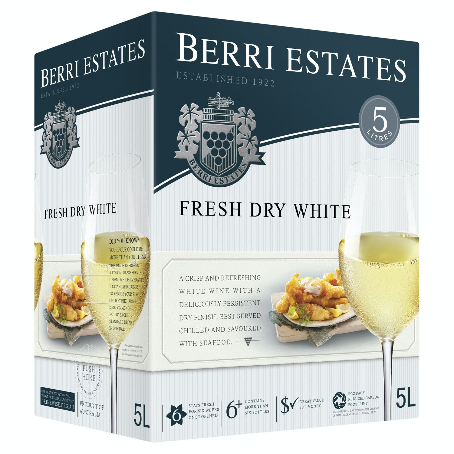 A crisp dry white wine with a clean refreshing palate.<br /> <br />Alcohol Volume: 10.00%<br /><br />Pack Format: Cask<br /><br />Standard Drinks: 39.5</br /><br />Pack Type: Cask<br /><br />Country of Origin: Australia<br /><br />Region: South Eastern Australia<br /><br />Vintage: Non Vintage<br />