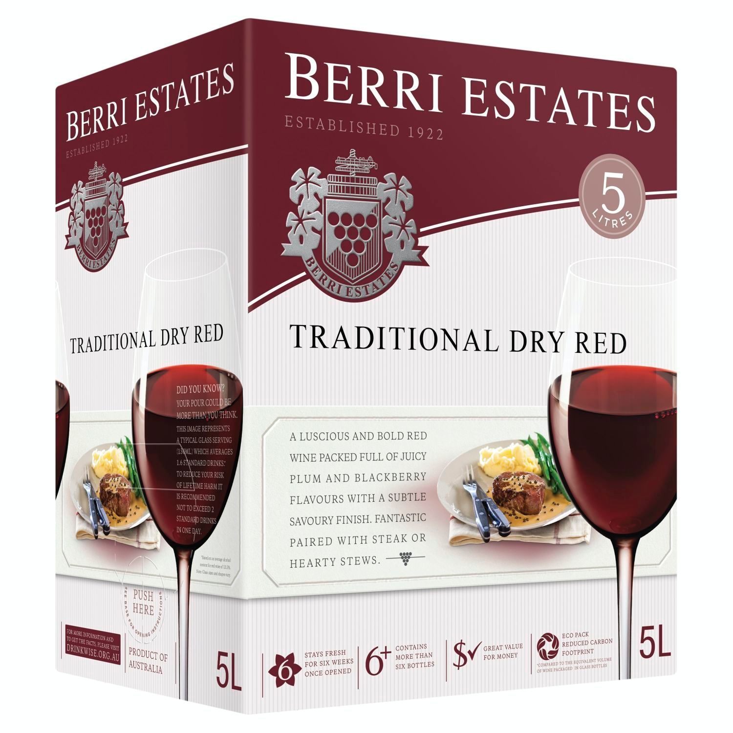 Berri Traditional Dry Red comes in a great value five litre cask. It is soft and approachable, which makes it appealing to most palates and a great choice if you're catering for a large group. A great everyday wine to keep on hand.<br /> <br />Alcohol Volume: 12.50%<br /><br />Pack Format: Cask<br /><br />Standard Drinks: 8.2</br /><br />Pack Type: Cask<br /><br />Country of Origin: Australia<br /><br />Region: South Eastern Australia<br /><br />Vintage: Non Vintage<br />