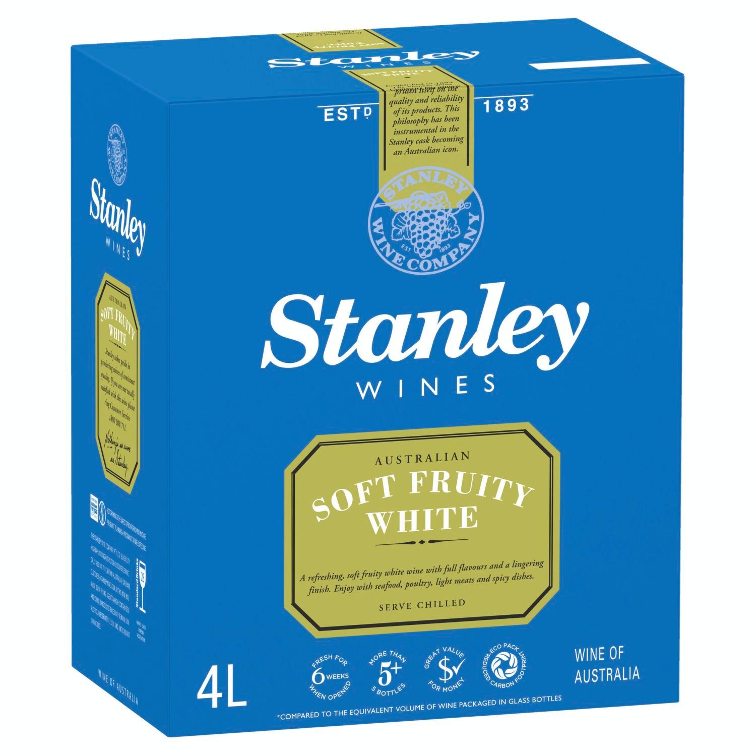 Stanley Soft Fruity White Cask 4L<br /> <br />Alcohol Volume: 9.00%<br /><br />Pack Format: Cask<br /><br />Standard Drinks: 28</br /><br />Pack Type: Cask<br /><br />Country of Origin: Australia<br /><br />Region: Multi-Regional Blend<br /><br />Vintage: Non Vintage<br />