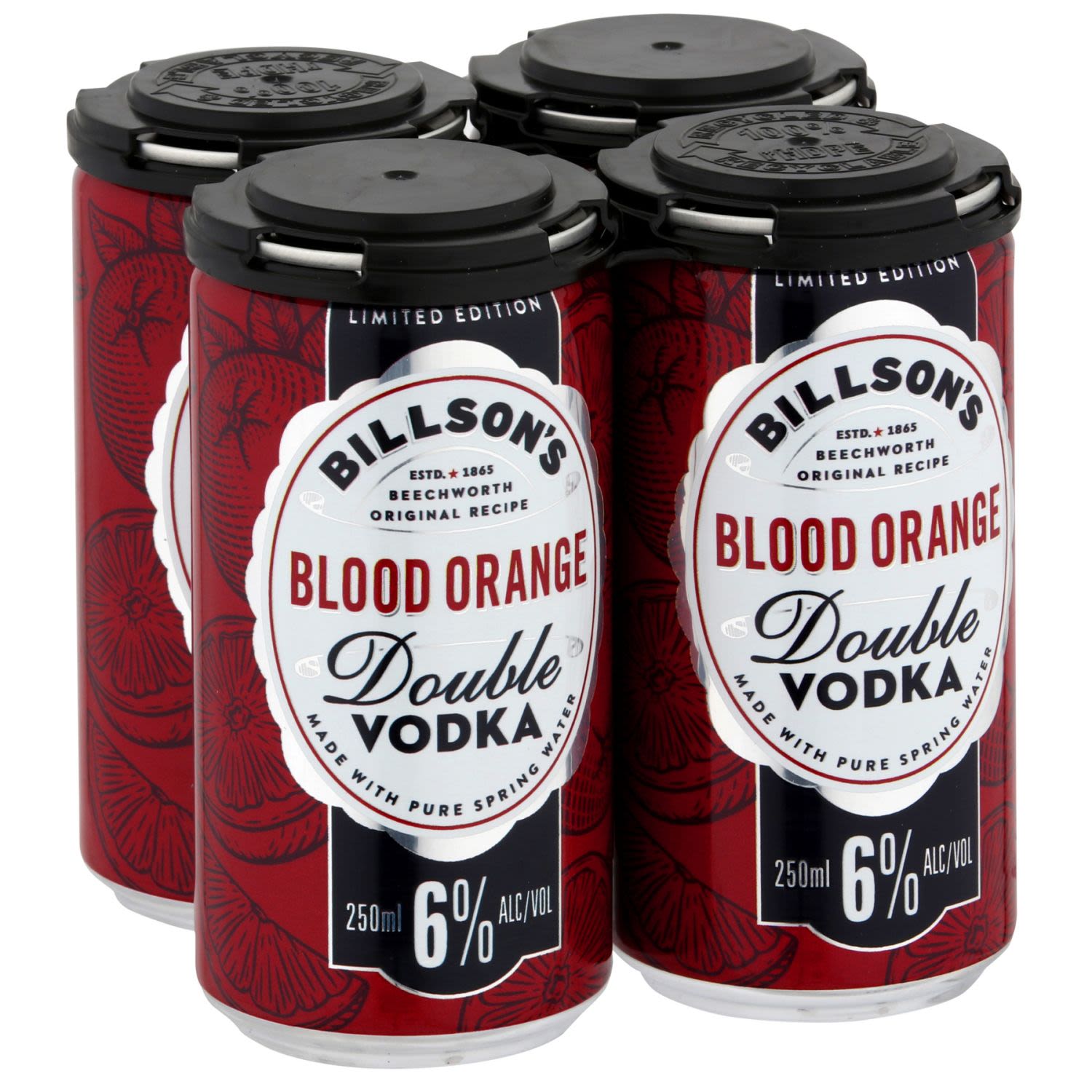 Billsons Double Vodka Blood Orange 6% Can 250mL 4 Pack