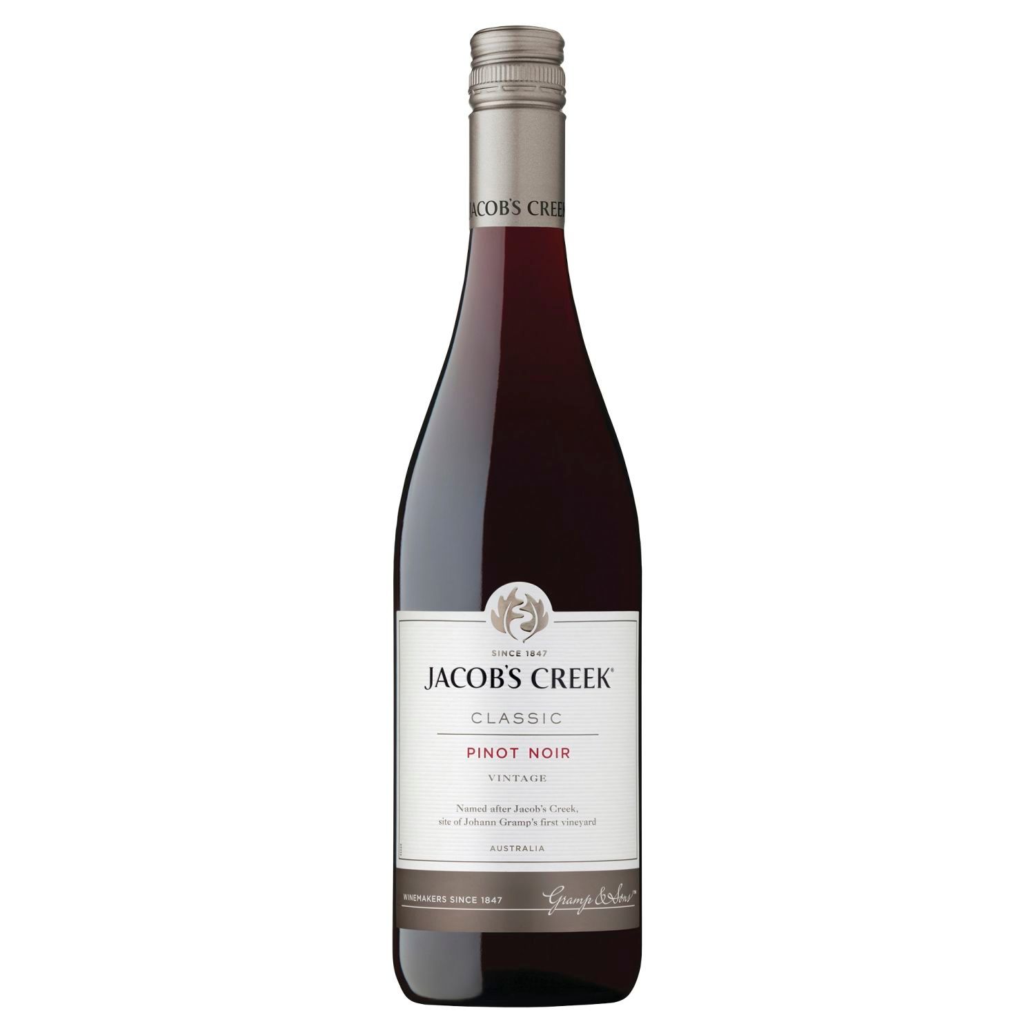 Jacob's Creek Classic Pinot Noir<br /> <br />Alcohol Volume: 13.90%<br /><br />Pack Format: Bottle<br /><br />Standard Drinks: 8.2</br /><br />Pack Type: Bottle<br /><br />Country of Origin: Australia<br /><br />Region: South Eastern Australia<br /><br />Vintage: '2018<br />