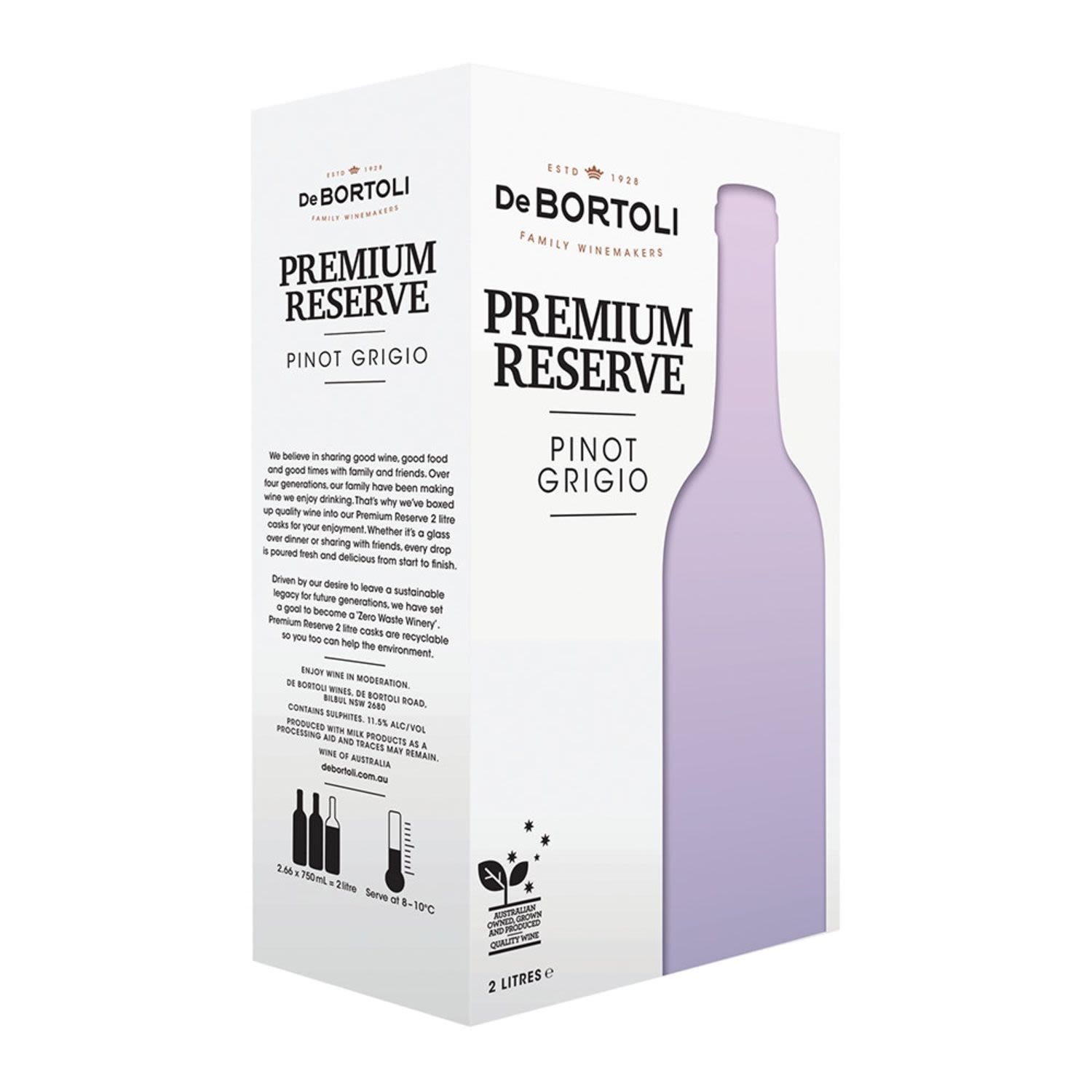 De Bortoli Premium Reserve Pinot Grigio 2L<br /> <br />Alcohol Volume: 11.50%<br /><br />Pack Format: Cask<br /><br />Standard Drinks: 18.1</br /><br />Pack Type: Bottle<br /><br />Region: South Eastern Australia<br />