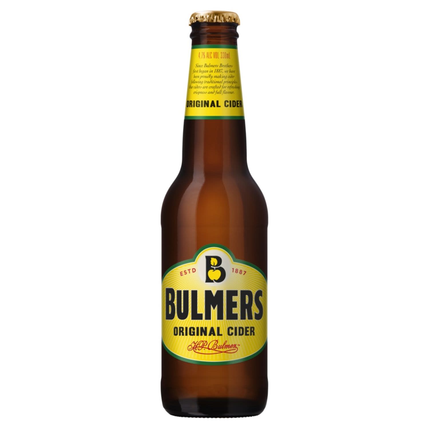 Bulmers Original Cider is quickly becoming a staple in most good pubs around the country. Bulmers is an authentic English-style apple Cider with a naturally refreshing taste and crisp character. A premium Cider for all occasions.<br /> <br />Alcohol Volume: 4.70%<br /><br />Pack Format: 4 Pack<br /><br />Standard Drinks: 1.2</br /><br />Pack Type: Bottle<br /><br />Country of Origin: Australia<br />