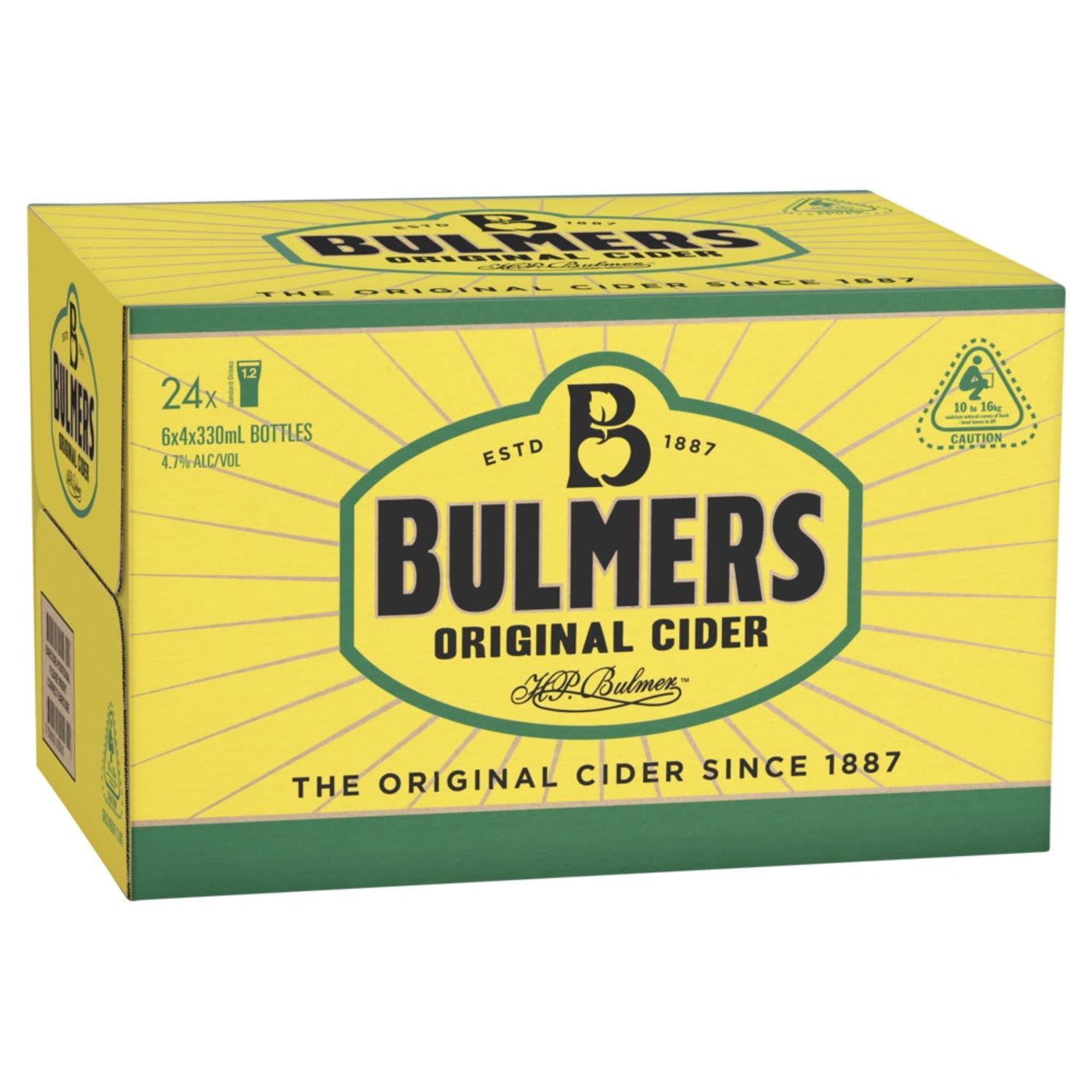 Bulmers Original Cider is quickly becoming a staple in most good pubs around the country. Bulmers is an authentic English-style apple Cider with a naturally refreshing taste and crisp character. A premium Cider for all occasions.<br /> <br />Alcohol Volume: 4.70%<br /><br />Pack Format: 24 Pack<br /><br />Standard Drinks: 1.2</br /><br />Pack Type: Bottle<br /><br />Country of Origin: Australia<br />