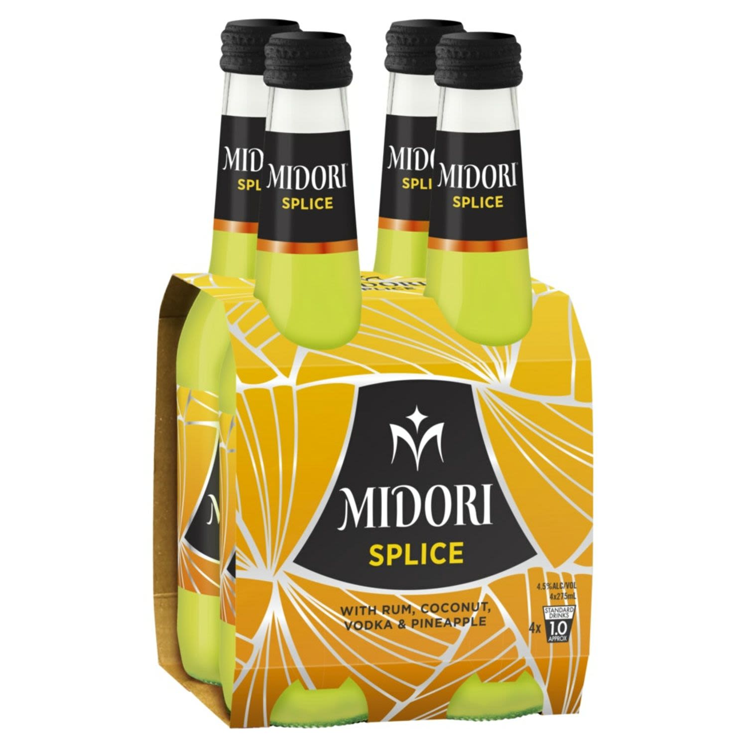 MIDORI splice has a distinct tropical taste with it's blends of fresh pineapple and coconut rum. MIDORI Splice has long been an Australian favourite in bars as both a long drink and a shaker.<br /> <br />Alcohol Volume: 4.50%<br /><br />Pack Format: 4 Pack<br /><br />Standard Drinks: 1</br /><br />Pack Type: Bottle<br />