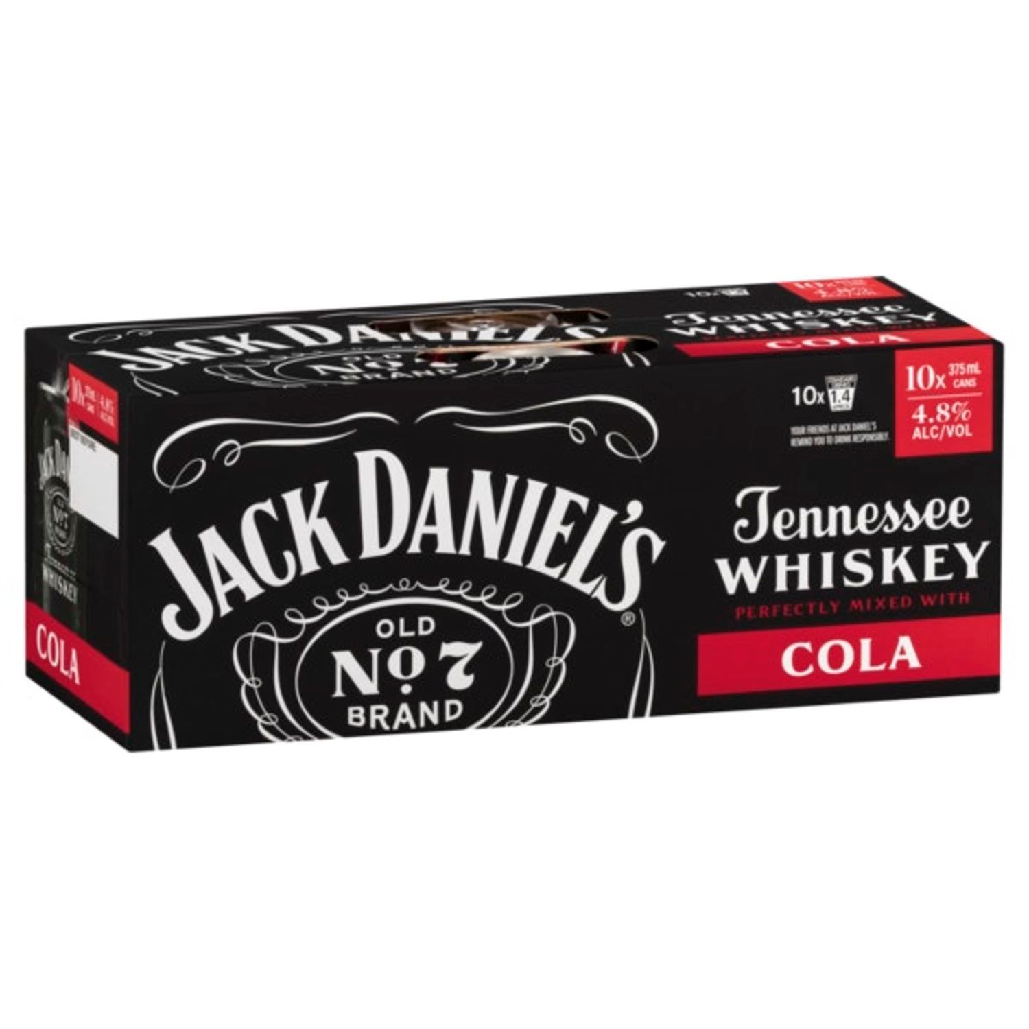 Jack Daniel's & Cola Can 375mL<br /> <br />Alcohol Volume: 4.80%<br /><br />Pack Format: 10 Pack<br /><br />Standard Drinks: 1.4</br /><br />Pack Type: Can<br />
