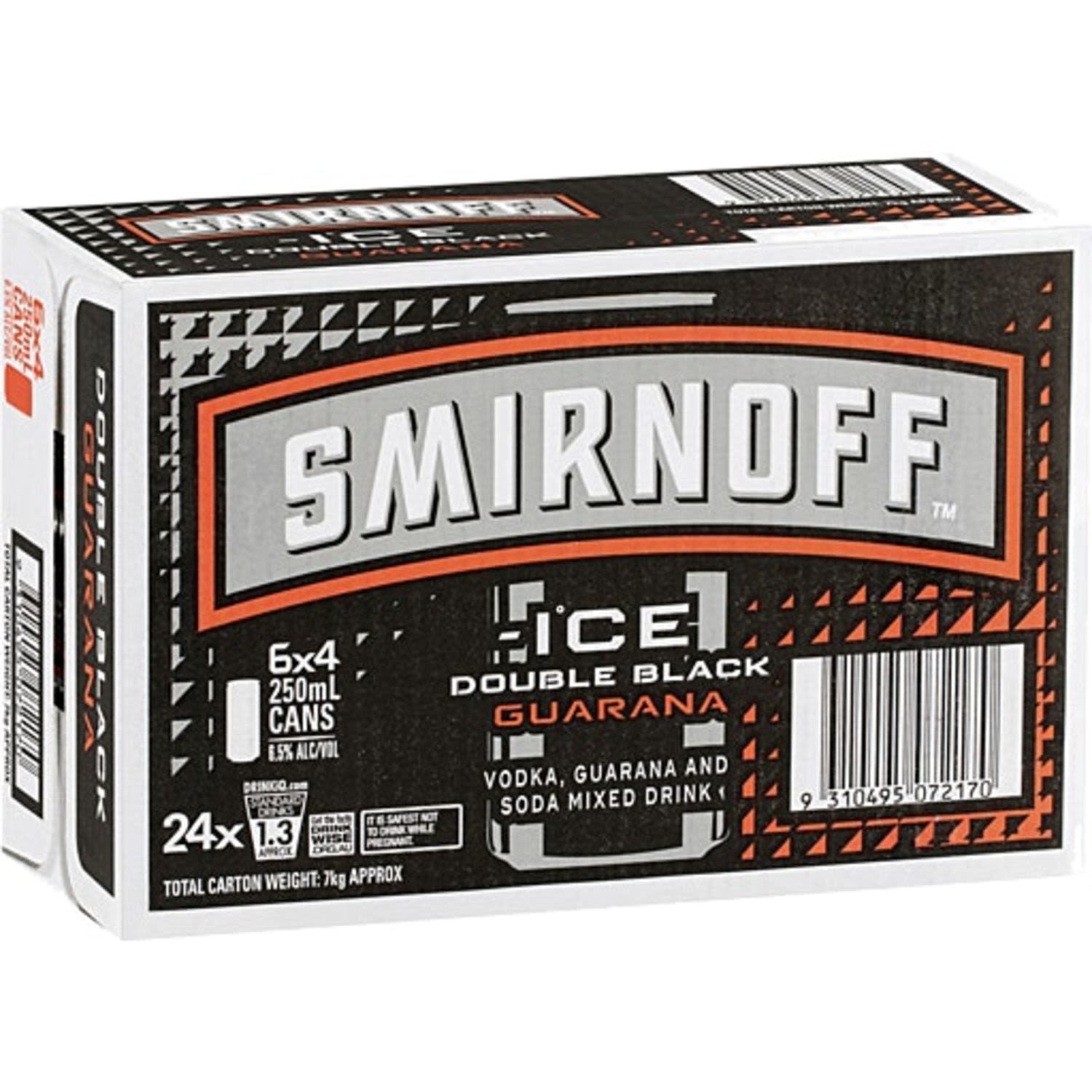Smirnoff Ice Double Black and Guarana Cans 250mL<br /> <br />Alcohol Volume: 6.50%<br /><br />Pack Format: 24 Pack<br /><br />Standard Drinks: 1.3</br /><br />Pack Type: Can<br />
