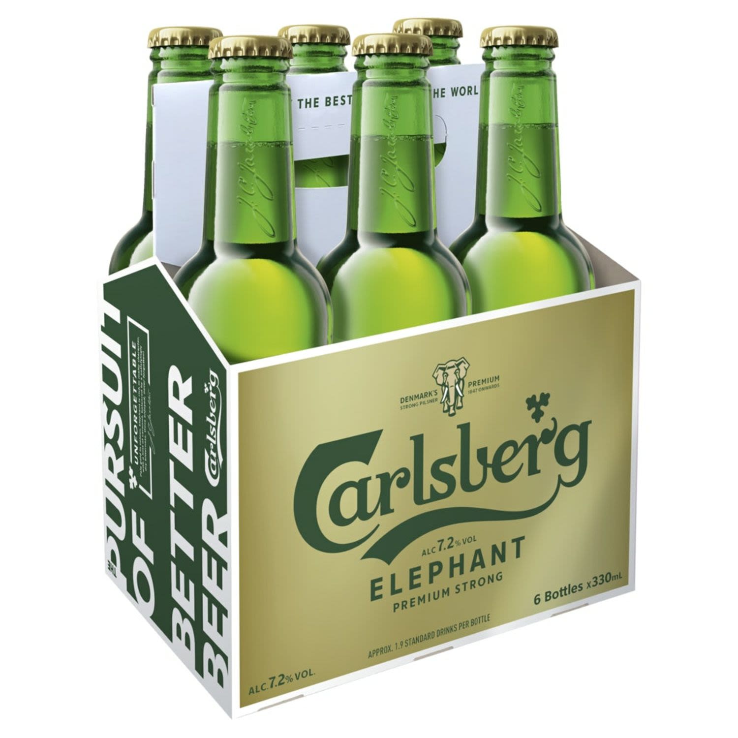 Carlsberg Elephant offers adventurous beer drinkers a unique and unforgettable taste experience. Pale gold in colour, Elephant is rich in malty character with a hint of caramel, balanced by a satisfyingly dry bitterness.<br /> <br />Alcohol Volume: 7.20%<br /><br />Pack Format: 6 Pack<br /><br />Standard Drinks: 1.9</br /><br />Pack Type: Bottle<br /><br />Country of Origin: Denmark<br />