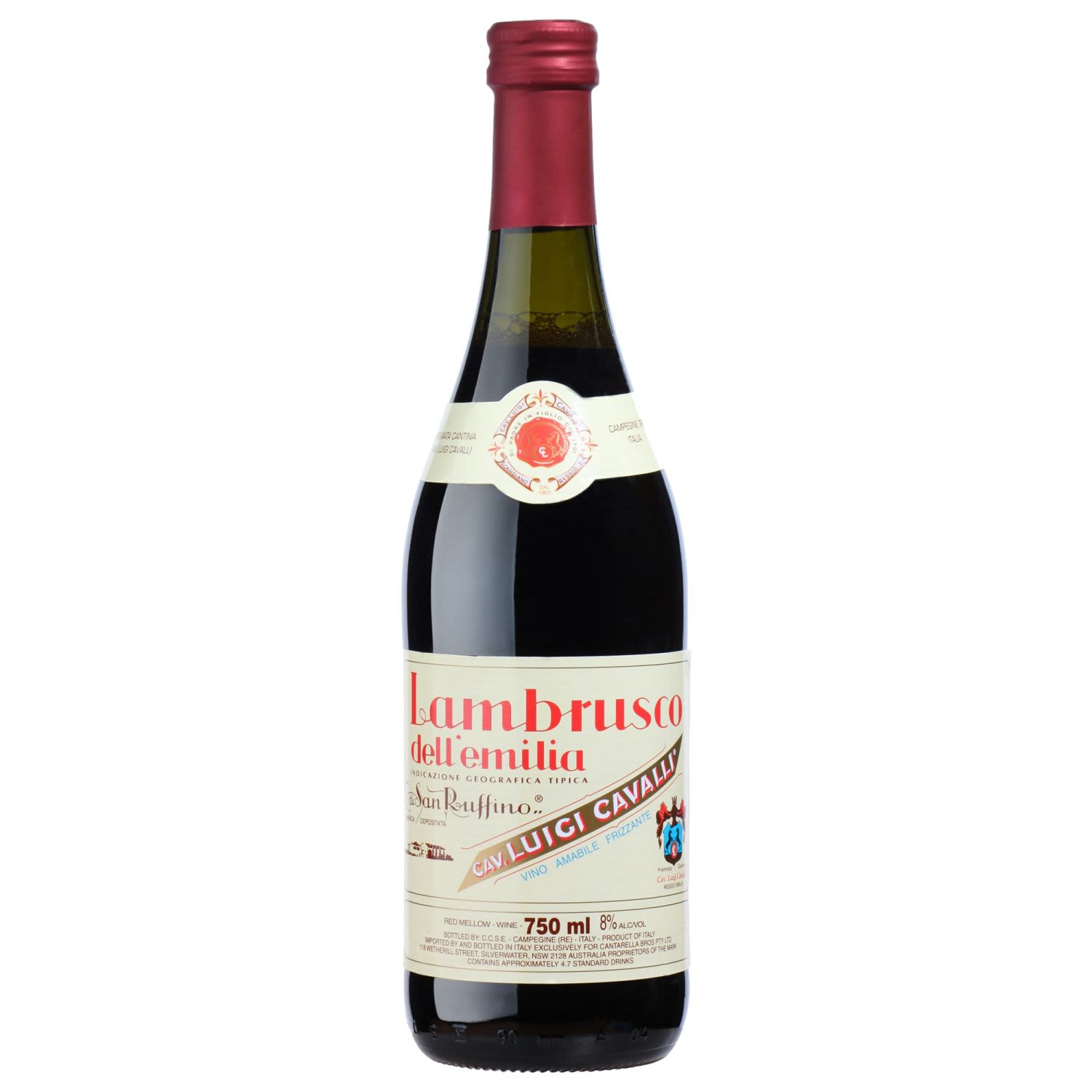 Luigi Cavalli Red Lambrusco is a medium sweet frizzante style of Lambrusco showing bright red berries, sweet fruit and a delightfully fine mouthfilling mousse. Best served chilled.<br /> <br />Alcohol Volume: 14.00%<br /><br />Pack Format: Bottle<br /><br />Standard Drinks: 4.7<br /><br />Pack Type: Bottle<br /><br />Country of Origin: Italy<br /><br />Region: IGT San Ruffino<br /><br />Vintage: Vintages Vary<br />