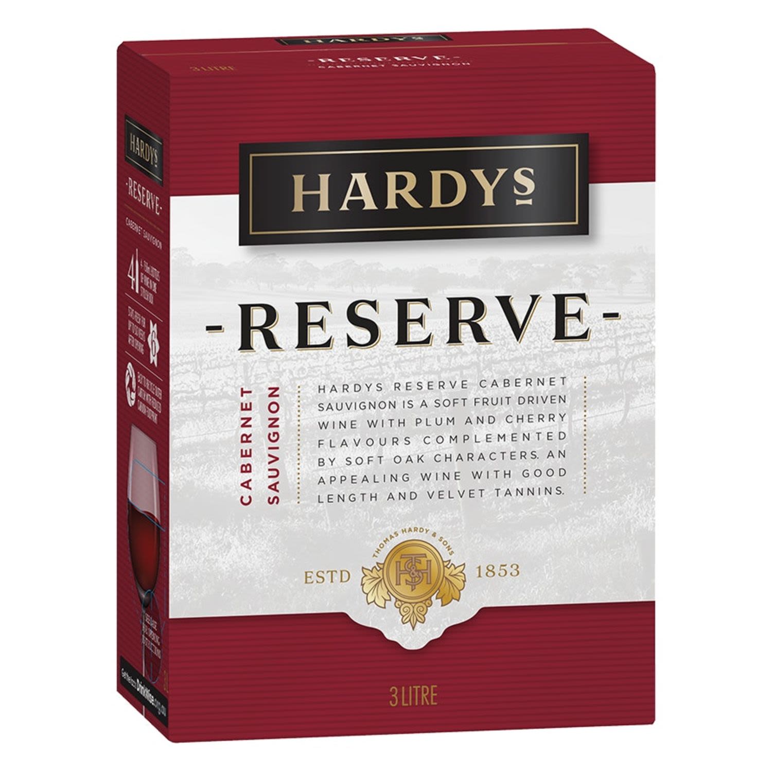 From Hardy's reserve, this Cab Sauv delivers a soft, fruit-driven wine with plum and cherry subtle oak and firm tannins. A very appealing wine.<br /> <br />Alcohol Volume: 13.50%<br /><br />Pack Format: Cask<br /><br />Standard Drinks: 32</br /><br />Pack Type: Cask<br /><br />Country of Origin: Australia<br /><br />Region: South Australia<br /><br />Vintage: Non Vintage<br />