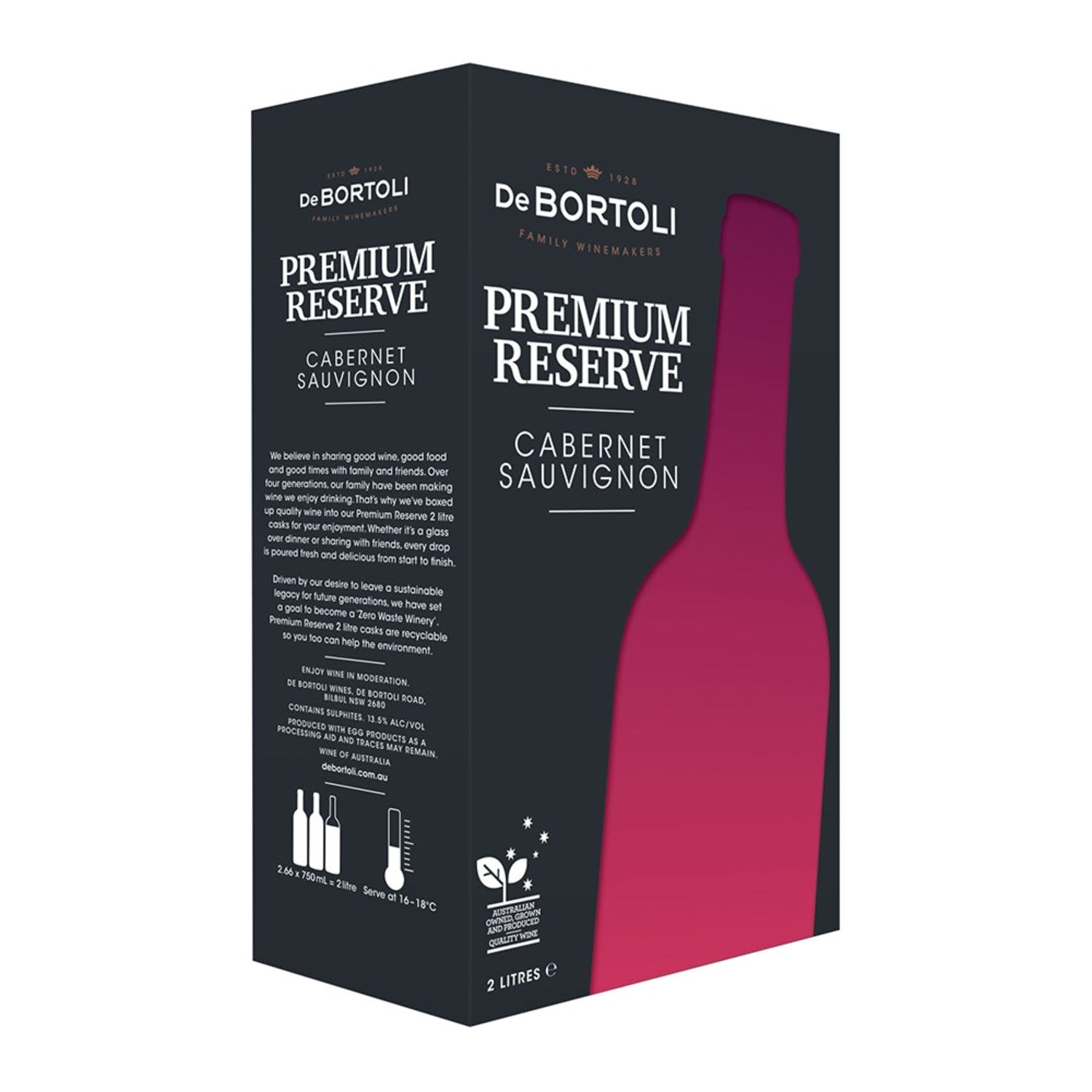 De Bortoli Premium Reserve Cabernet Sauvignon 2L<br /> <br />Alcohol Volume: 13.50%<br /><br />Pack Format: Cask<br /><br />Standard Drinks: 21.3</br /><br />Pack Type: Bottle<br /><br />Region: South Eastern Australia<br />