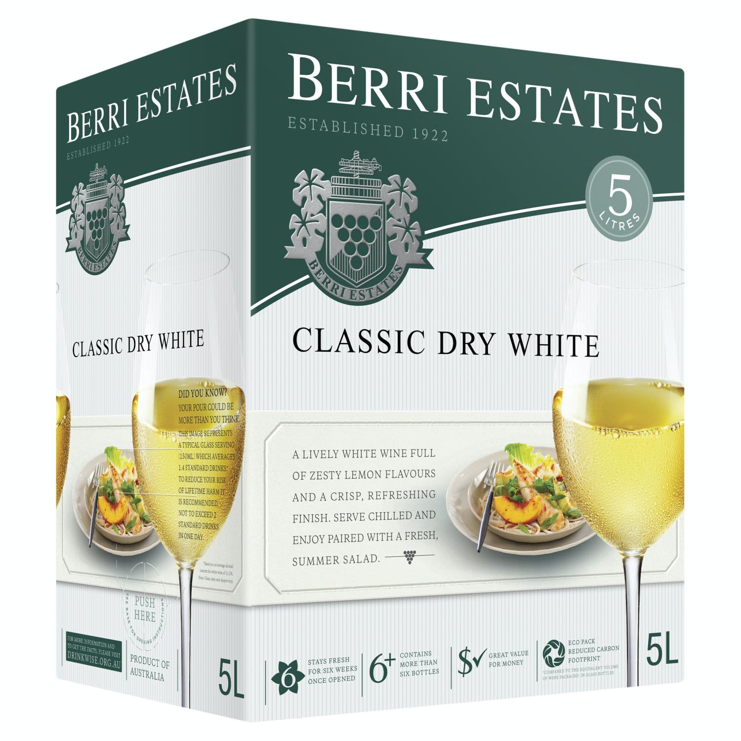 Berri Estates Classic Dry White Cask 5L<br /> <br />Alcohol Volume: 11.00%<br /><br />Pack Format: Cask<br /><br />Standard Drinks: 43.4</br /><br />Pack Type: Cask<br /><br />Country of Origin: Australia<br /><br />Region: South Eastern Australia<br /><br />Vintage: Non Vintage<br />