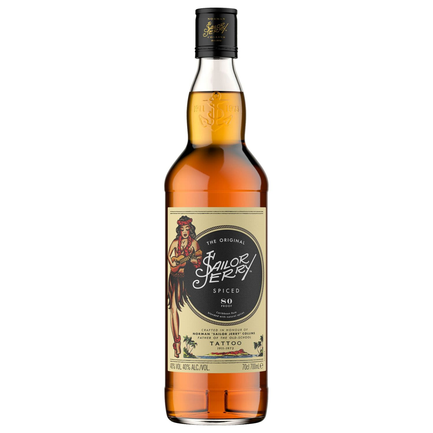 Norman 'Sailor Jerry' Collins was the father of old school tattooing and was a master craftsman whose artistry and integrity remain as timeless as the liquid that bears his signature. Sailor Jerry Caribbean Rum is blended with local natural spices, namely Vanilla and Lime. Most definitely a rum that is "strong, but goes down smooth."<br /> <br />Alcohol Volume: 40.00%<br /><br />Pack Format: Bottle<br /><br />Standard Drinks: 22<br /><br />Pack Type: Bottle<br /><br />Country of Origin: USA<br /><br />Region: Caribbean<br />