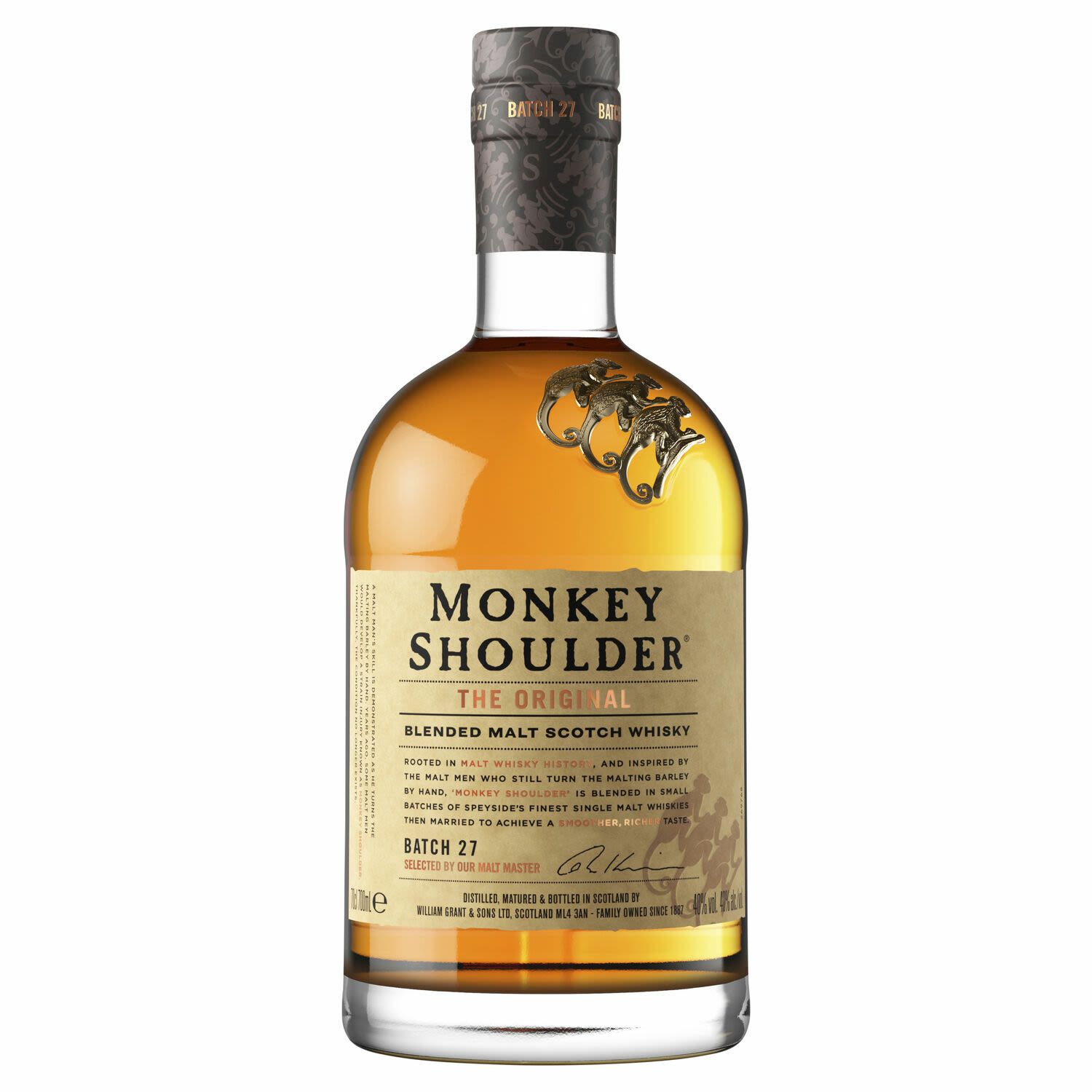 Monkey Shoulder is a premium Scotch Whisky that is steeped in history and culture and to this day is still tended by hand by the experienced Malt Men of Speyside. A smooth and rich 'triple' malt Scotch (a world first!) that has been blended from three of Speyside's finest single malts and using batches from only 27 casks to produce this fine malt whisky. A delightful nose of sherry, cinnamon baked pear, butterscotch, barley, strawberry and Bourbon vanilla which are all complemented by tangy, sweet nut, citrus, mint, oak and orange peel flavours.<br /> <br />Alcohol Volume: 40.00%<br /><br />Pack Format: Bottle<br /><br />Standard Drinks: 22</br /><br />Pack Type: Bottle<br /><br />Country of Origin: Scotland<br />