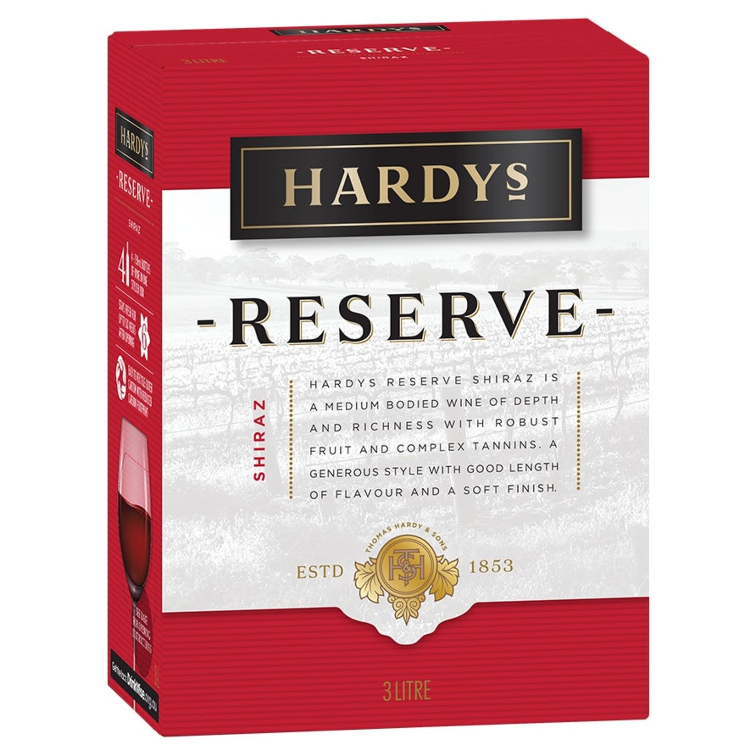 From Hardy's reserve range - a medium bodied wine with rich, dense and robust berry fruit with beautifully structured underlying tannin.<br /> <br />Alcohol Volume: 13.50%<br /><br />Pack Format: Cask<br /><br />Standard Drinks: 32</br /><br />Pack Type: Cask<br /><br />Country of Origin: Australia<br /><br />Region: Multi-Regional Blend<br /><br />Vintage: Non Vintage<br />