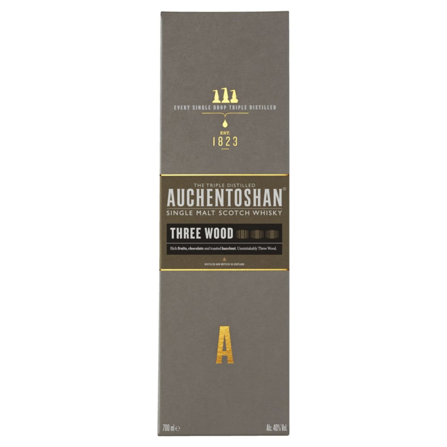 AUCHENTOSHAN Three Wood is rich with dark fruits, thick butterscotch, roasted hazelnuts and the signature smooth and delicate Auchentoshan taste.<br /> <br />Alcohol Volume: 43.00%<br /><br />Pack Format: Bottle<br /><br />Standard Drinks: 23.8</br /><br />Pack Type: Bottle<br /><br />Country of Origin: Scotland<br />