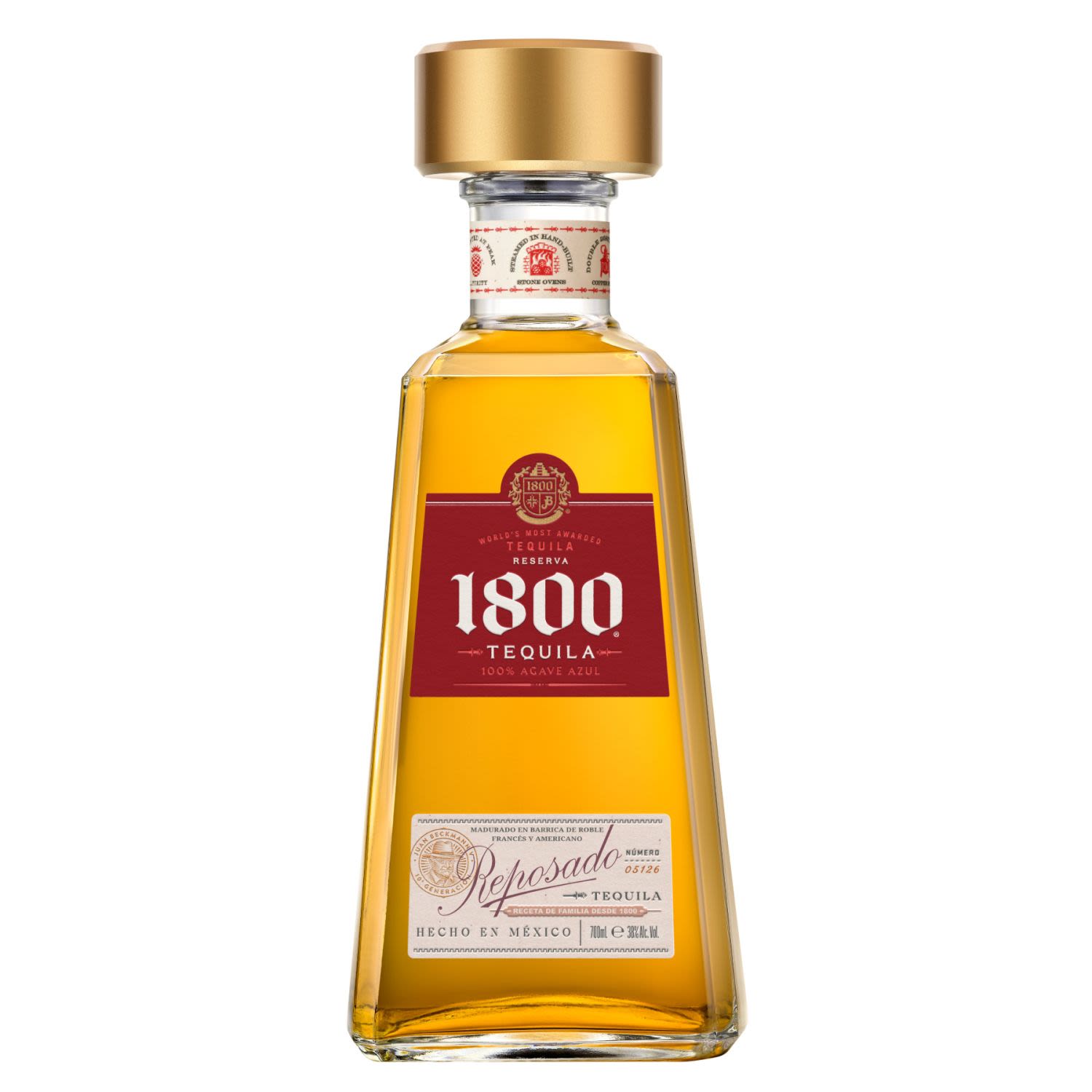 1800 Reposado Tequila has colour of bright honey and aromas of agave, herbaceous oak, orange peel, smooth vanilla and butterscotch. The palate is slightly sweet with buttery oak, mild agave notes and a very smooth finish that is well rounded and velvet-like. Aged from 6-8 months, and blended with tequilas that have been aged for one year.<br /> <br />Alcohol Volume: 38.00%<br /><br />Pack Format: Bottle<br /><br />Standard Drinks: 21</br /><br />Pack Type: Bottle<br />