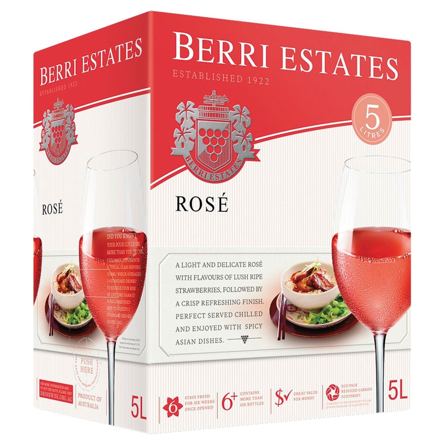From Berri Estates, this cask aged rose wine is luxuriously light, with plenty of fruity aromas carried through to the palate. Clean on the tongue with an amazing crisp finish, this mouth-watering wine is incredibly easy to drink and goes great with lighter dishes.<br /> <br />Alcohol Volume: 11.00%<br /><br />Pack Format: Cask<br /><br />Standard Drinks: 43.4</br /><br />Pack Type: Cask<br /><br />Country of Origin: Australia<br /><br />Region: South Eastern Australia<br /><br />Vintage: Non Vintage<br />