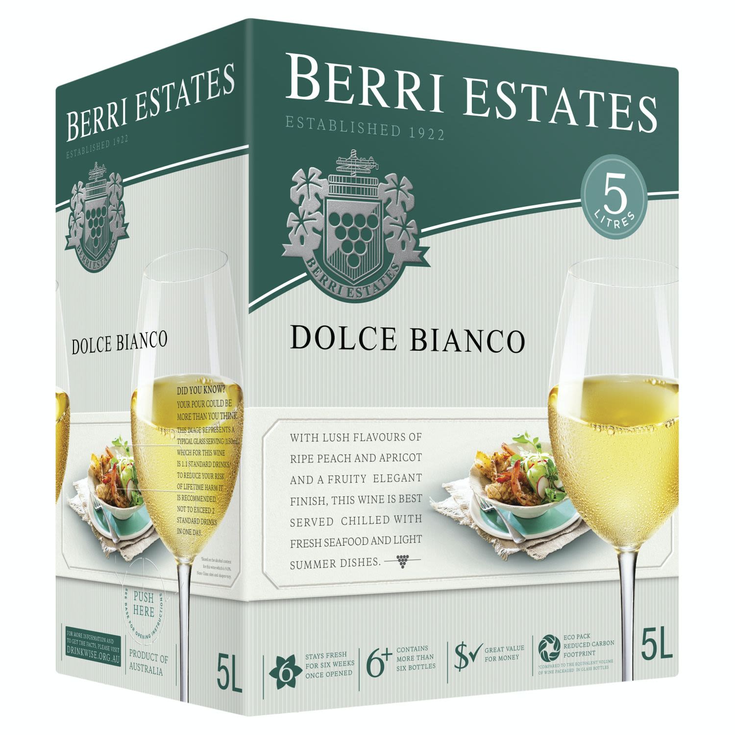 Berri Estates Dolce Bianco Cask 5L<br /> <br />Alcohol Volume: 9.00%<br /><br />Pack Format: Cask<br /><br />Standard Drinks: 35.5</br /><br />Pack Type: Cask<br /><br />Country of Origin: Australia<br /><br />Region: South Eastern Australia<br /><br />Vintage: Non Vintage<br />