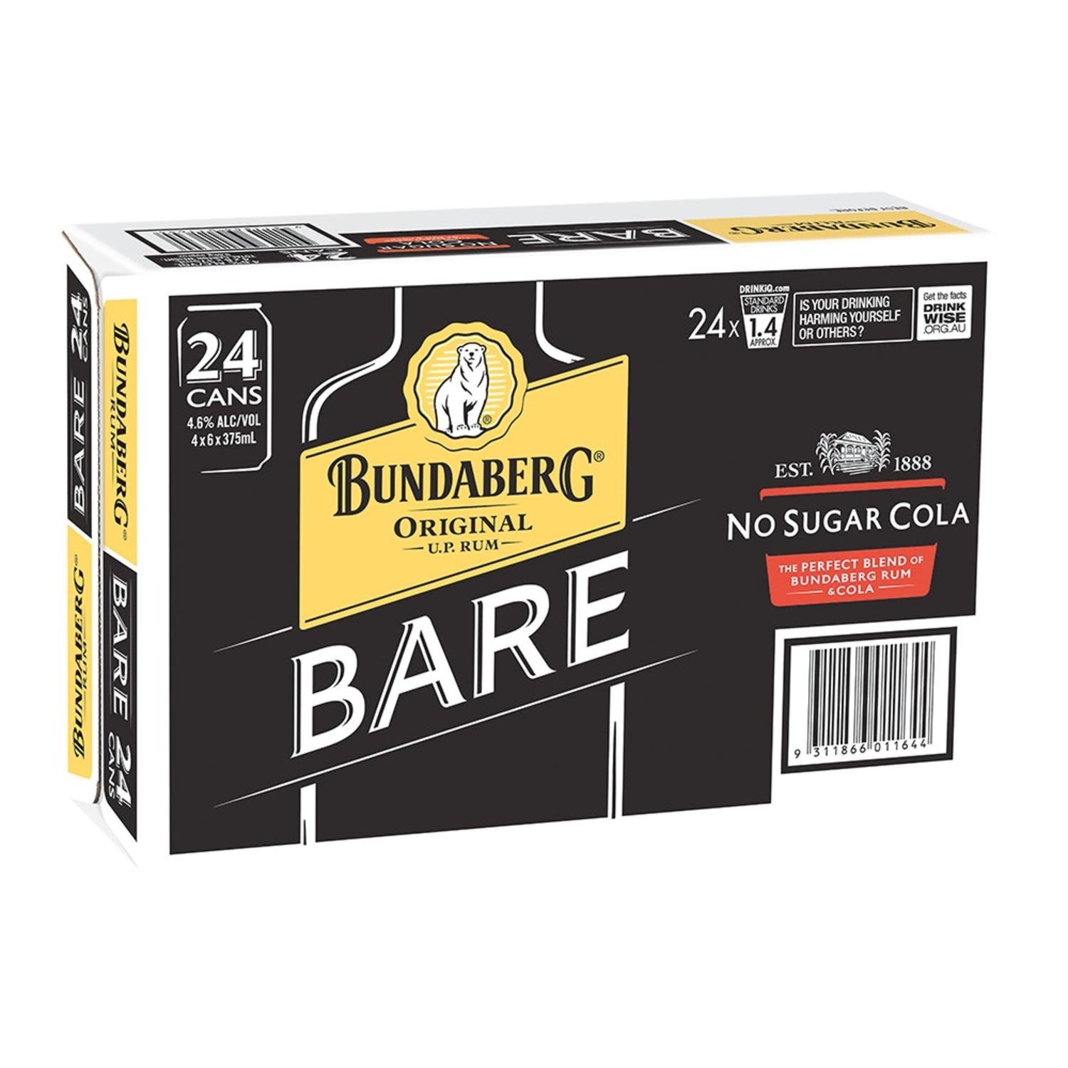 Bundaberg Original Rum & Zero Sugar Cola Can 375mL 24 Pack