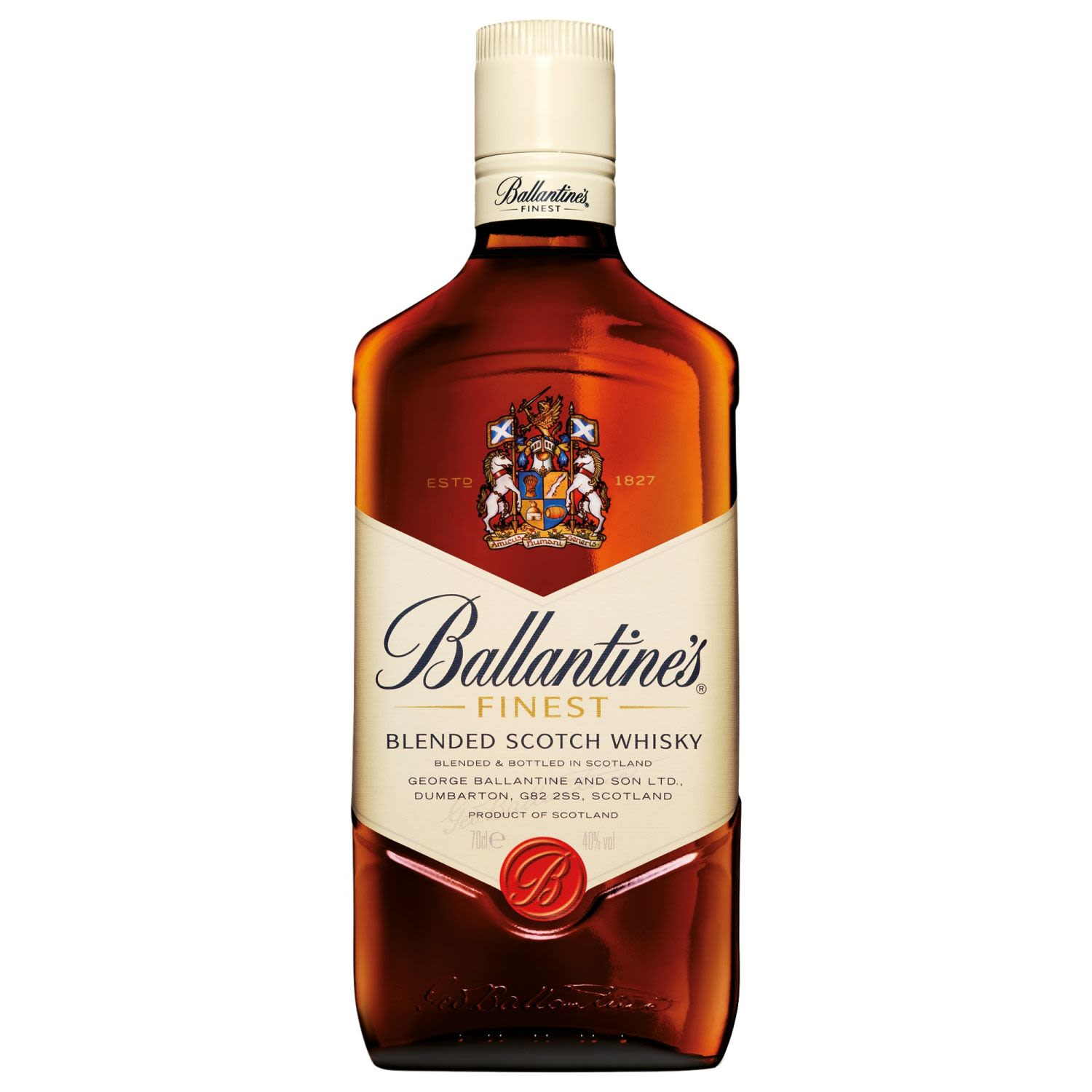 Ballantine's Finest Scotch Whisky is one of the worlds best blended Scotch Whiskys and is blended with 50 single malts, 4 single grains and most important of all those is the signature malts of Miltonduff and Glenburgie.<br /> <br />Alcohol Volume: 40.00%<br /><br />Pack Format: Bottle<br /><br />Standard Drinks: 22</br /><br />Pack Type: Bottle<br /><br />Country of Origin: Scotland<br />