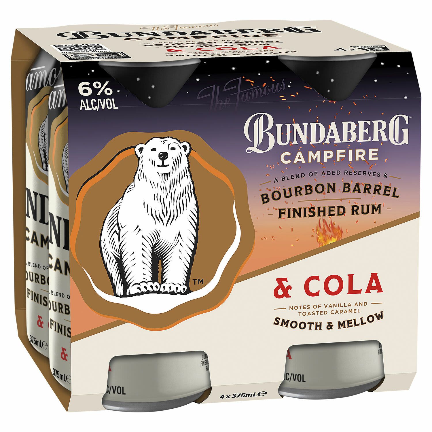 Bundaberg Rum Distillery Bundaberg Campfire Rum & Cola 6% Can 375mL 4 Pack, 1500 Millilitre 