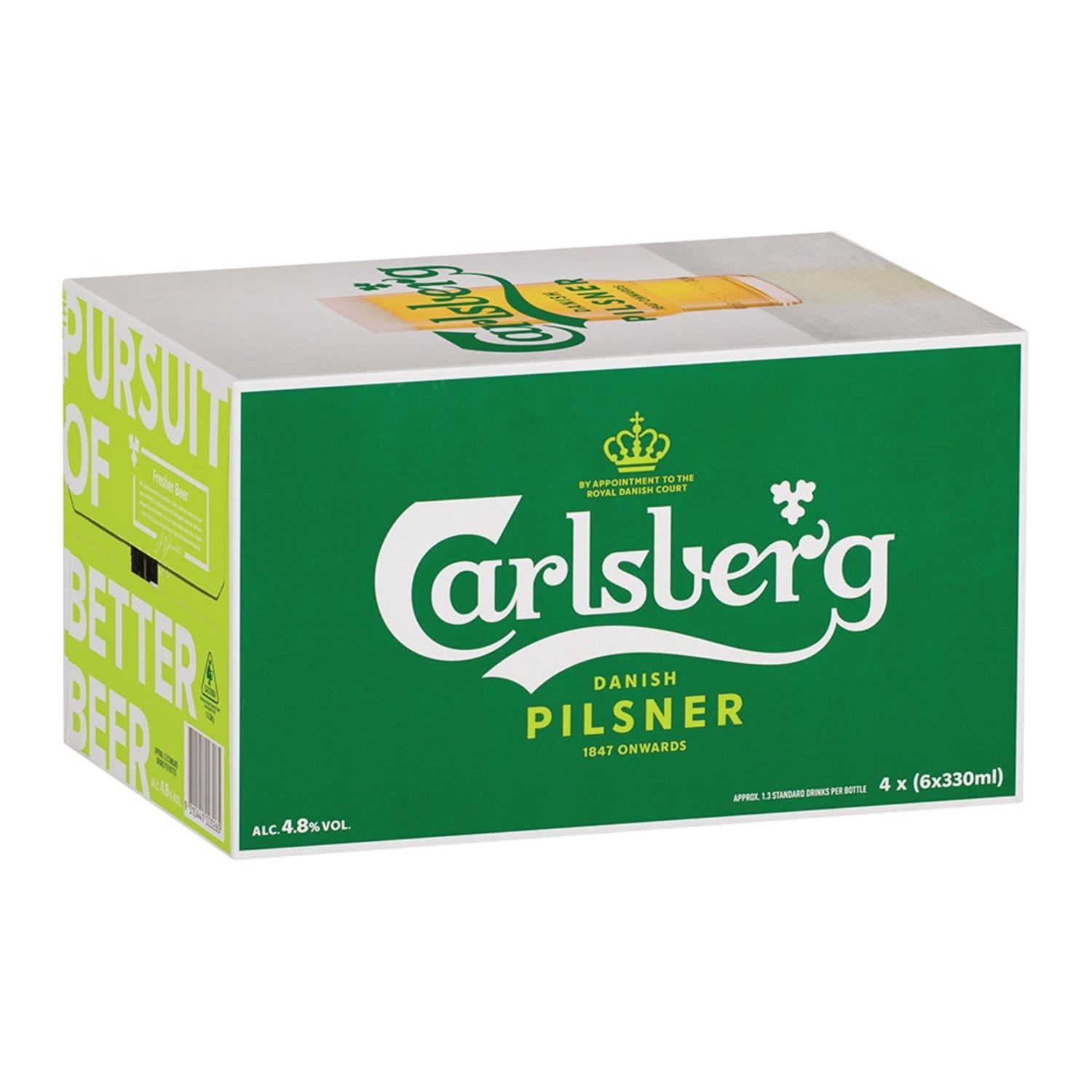 With its clean crisp taste and satisfying depth of flavour, Carlsberg pilsner epitomises refreshing. Full bodied with a prominent rich golden colour, brewed with uncompromising quality to deliver the ultimate lager experience.<br /> <br />Alcohol Volume: 4.80%<br /><br />Pack Format: 24 Pack<br /><br />Standard Drinks: 1.3</br /><br />Pack Type: Bottle<br /><br />Country of Origin: Australia<br />