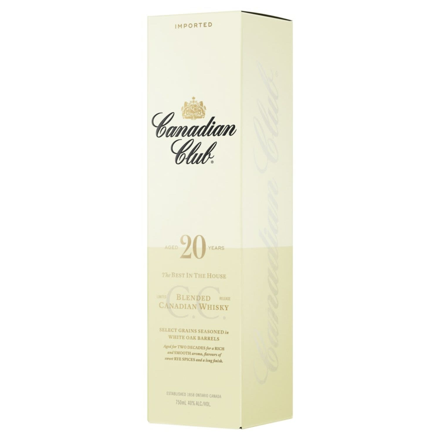 Canadian Club 20 Year Old Blended Canadian Whisky (750mL) Tasting note: Bright brassy gold. Well defined aromas of choc-caramel, fresh vanilla bean and creamy soda, follow through with a rich, creamy delivery that echoes the nose and adds creme caramel, hints of cinnamon toast and delicate orange zest.<br /> <br />Alcohol Volume: 40.00%<br /><br />Pack Format: Bottle<br /><br />Standard Drinks: 23.7</br /><br />Pack Type: Bottle<br /><br />Country of Origin: Canada<br />