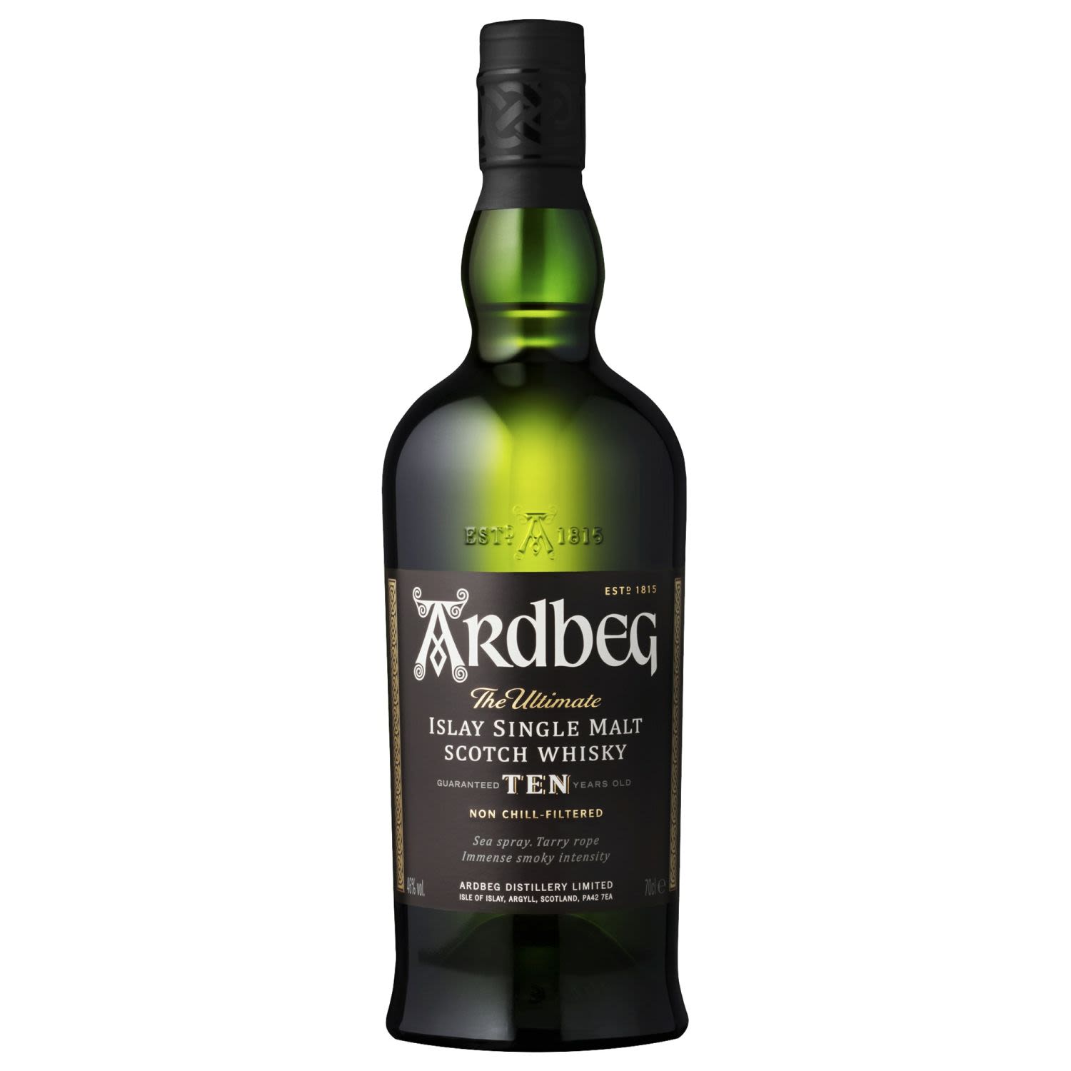 Ardbeg 10 Year Old Single Malt is typical Islay (eye-la). Light gold colour with exceptional balance and depth on the nose. The aroma is a beguiling mix of toffee and chocolate sweetness, cinnamon spice, Fresh citrus and floral notes of white wine are evident, as are melon, pear drops and a gentle creaminess. There is also fresh phenolics of seaspray and smoked fish. Hickory and coffee emerge on the finish.<br /> <br />Alcohol Volume: 46.00%<br /><br />Pack Format: Bottle<br /><br />Standard Drinks: 25</br /><br />Pack Type: Bottle<br /><br />Country of Origin: Scotland<br />