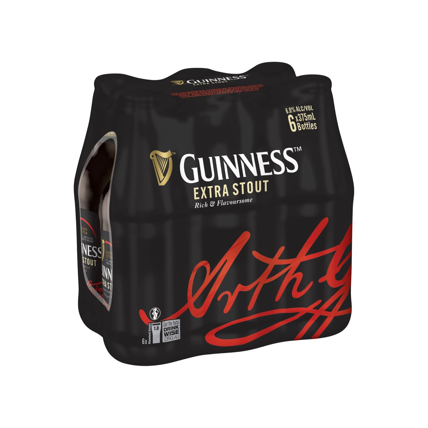The crisp hint of roasted barley, the fresh breeze of hops. The refreshing bite. The bittersweet reward. Pure beauty; pure Guinness.<br /> <br />Alcohol Volume: 6.00%<br /><br />Pack Format: 6 Pack<br /><br />Standard Drinks: 1.8</br /><br />Pack Type: Bottle<br /><br />Country of Origin: Ireland<br />