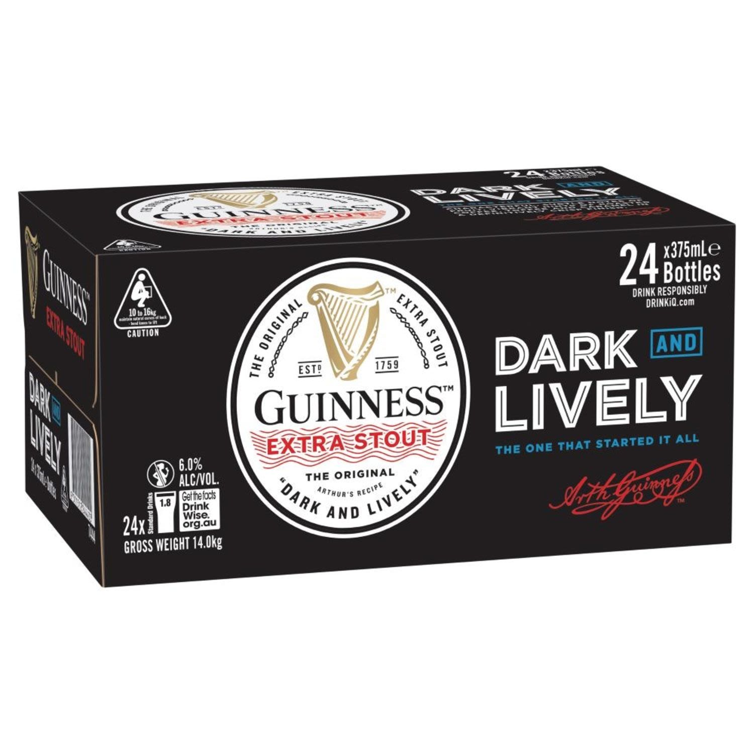 The crisp hint of roasted barley, the fresh breeze of hops. The refreshing bite. The bittersweet reward. Pure beauty; pure Guinness.<br /> <br />Alcohol Volume: 6.00%<br /><br />Pack Format: 24 Pack<br /><br />Standard Drinks: 1.8</br /><br />Pack Type: Bottle<br /><br />Country of Origin: Ireland<br />
