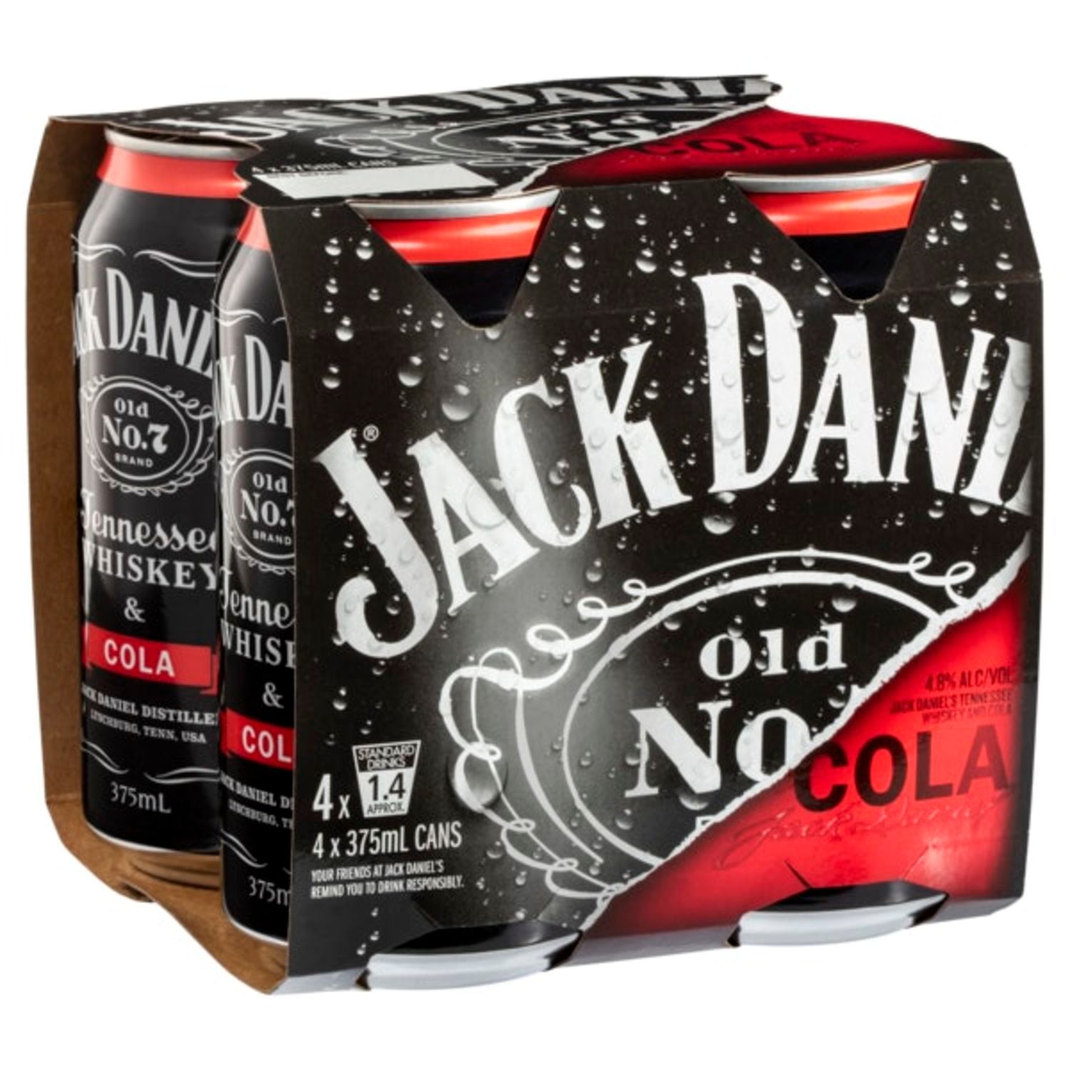 Jack Daniel's & Cola Can 375mL<br /> <br />Alcohol Volume: 4.80%<br /><br />Pack Format: 4 Pack<br /><br />Standard Drinks: 1.4</br /><br />Pack Type: Can<br />