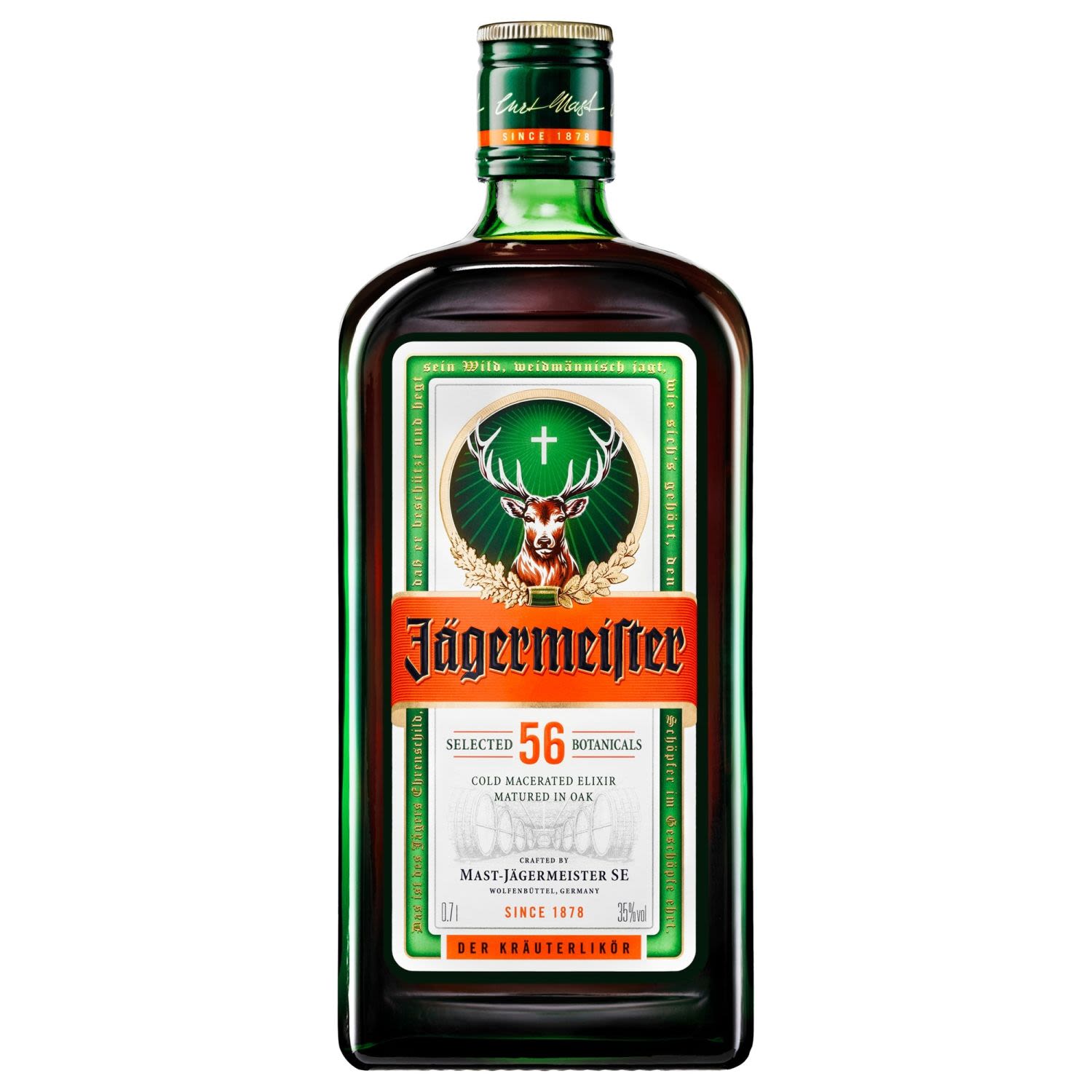 Produced in the town of Wolfenbüttel, Germany, Jägermeister is derived from 56 herbs, spices, fruits and roots from across the world the aged in enormous oak barrels. The traditional way to enjoy the dense liqueur is chilled in the freezer and then drunk from a shot glass.<br /> <br />Alcohol Volume: 35.00%<br /><br />Pack Format: Bottle<br /><br />Standard Drinks: 19</br /><br />Pack Type: Bottle<br /><br />Country of Origin: Germany<br />