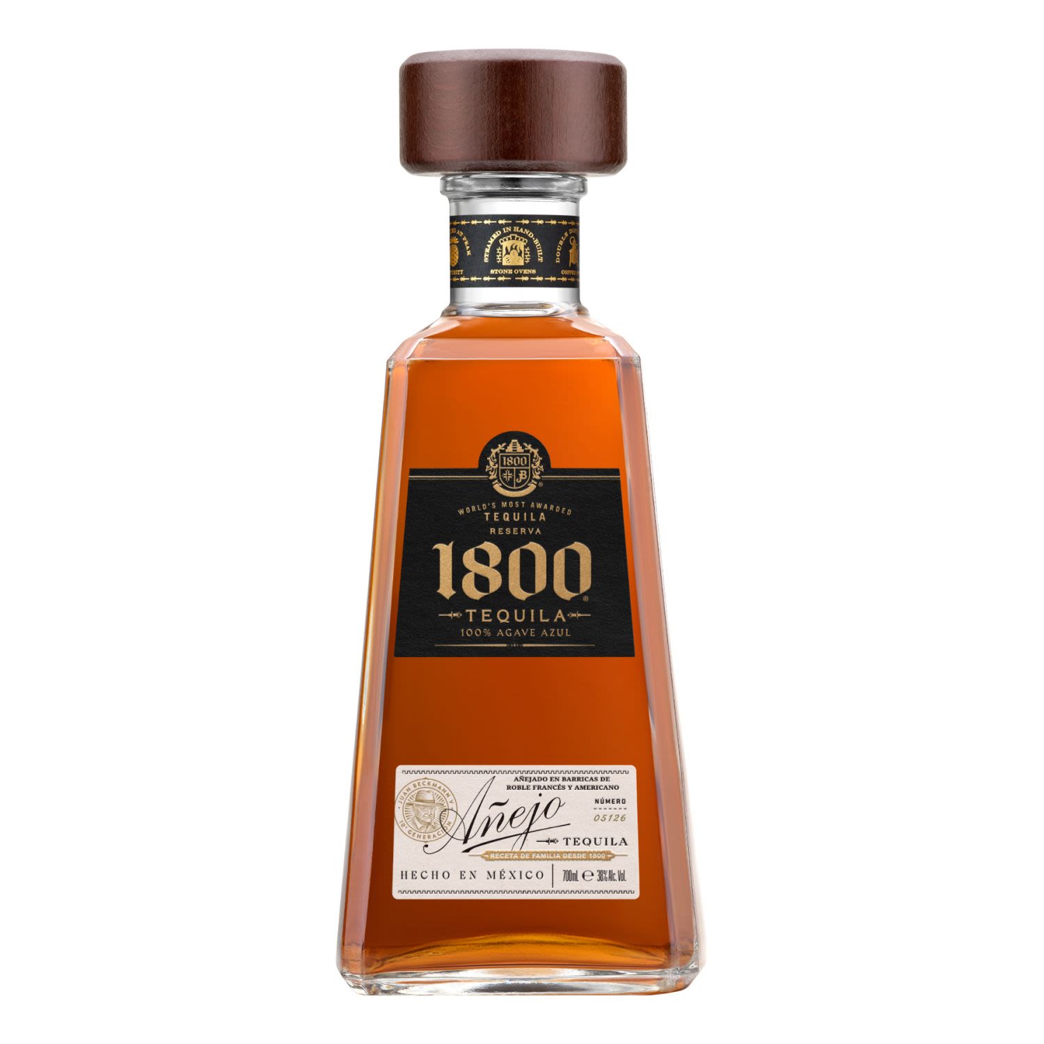1800 Anejo Tequila has a dark amber colour with copper highlights and aromas of toasted oak, vanilla, cinnamon and cloves, layers of butterscotch and chocolate. The palate is rich, showing toasted oak in an elegant marriage of agave and spices that finishes with spicy, long and well rounded flavours. This is aged mostly in small French oak barrels for up to 3 years before release.<br /> <br />Alcohol Volume: 38.00%<br /><br />Pack Format: Bottle<br /><br />Standard Drinks: 21</br /><br />Pack Type: Bottle<br />