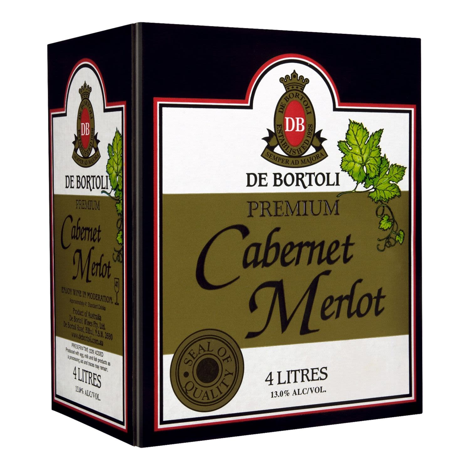 De Bortoli Premium Cabernet Merlot Cask 4L<br /> <br />Alcohol Volume: 13.50%<br /><br />Pack Format: Cask<br /><br />Standard Drinks: 43</br /><br />Pack Type: Cask<br /><br />Region: South Eastern Australia<br />