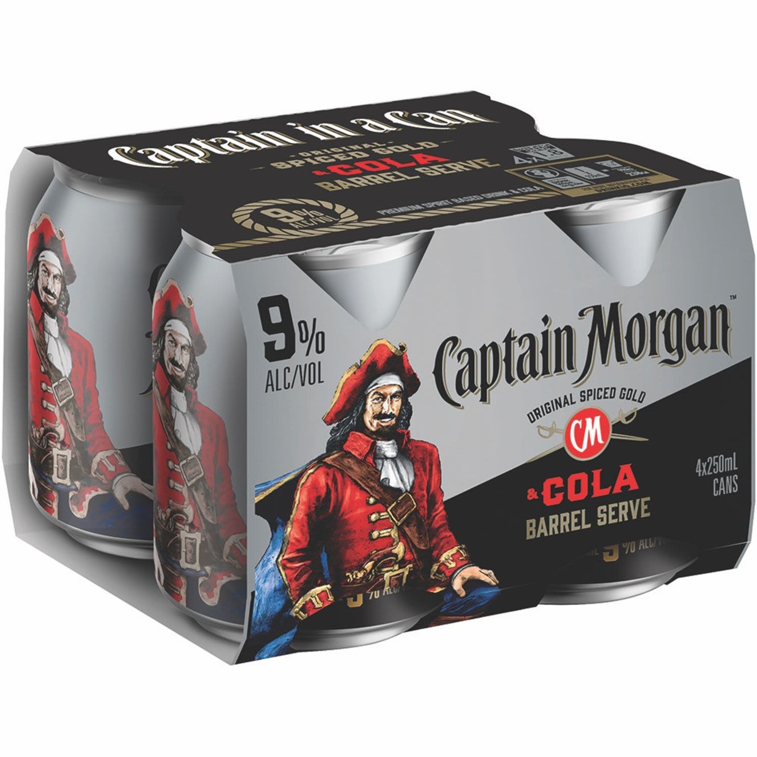 Captain Morgan & Cola Barrel Serve 9% Can 250mL 4 Pack