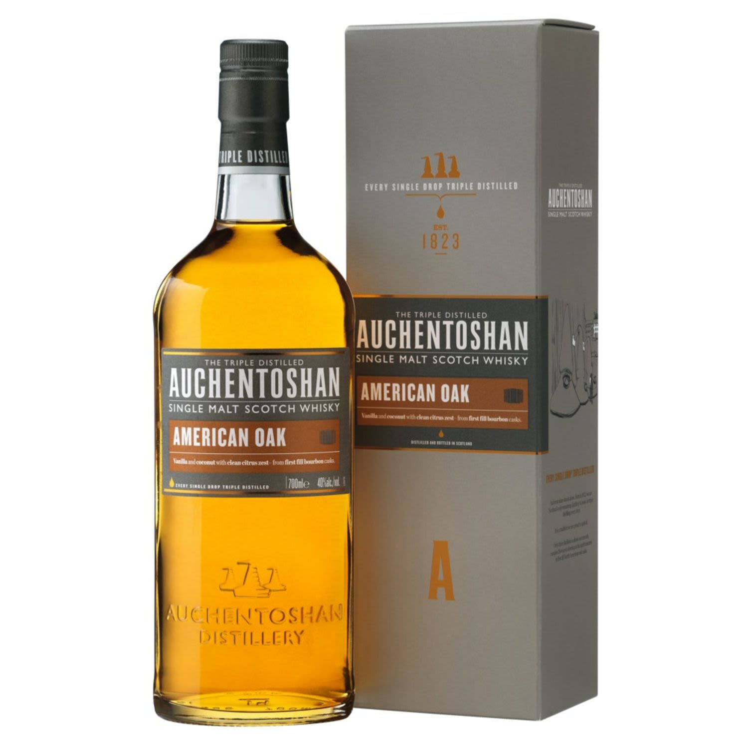 Triple distilled and matured solely in American bourbon casks. The result: a Lowland Single Malt Whisky with the sweet aromas of vanilla and coconut - along with the signature smooth, delicate, Auchentoshan taste.<br /> <br />Alcohol Volume: 40.00%<br /><br />Pack Format: Bottle<br /><br />Standard Drinks: 22.1</br /><br />Pack Type: Bottle<br /><br />Country of Origin: Scotland<br />